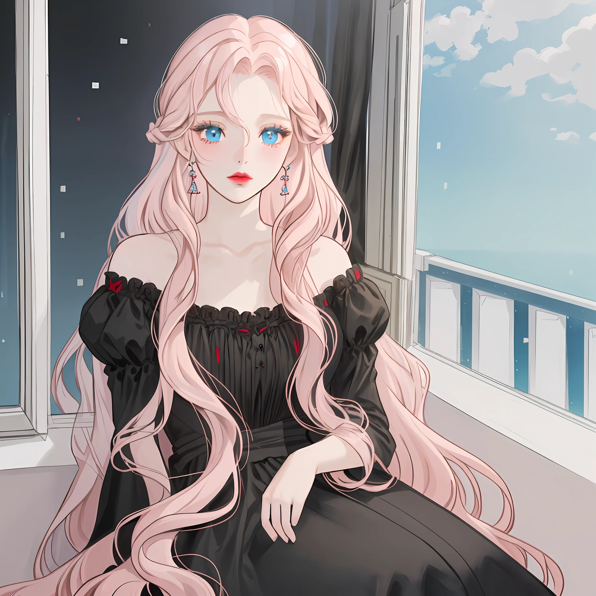 long wavy hair, light pink hair, light blue eyes, red lips, dressed in a black dress, V-neckline, sitting looking out of the window with a melancholic look, no lights,