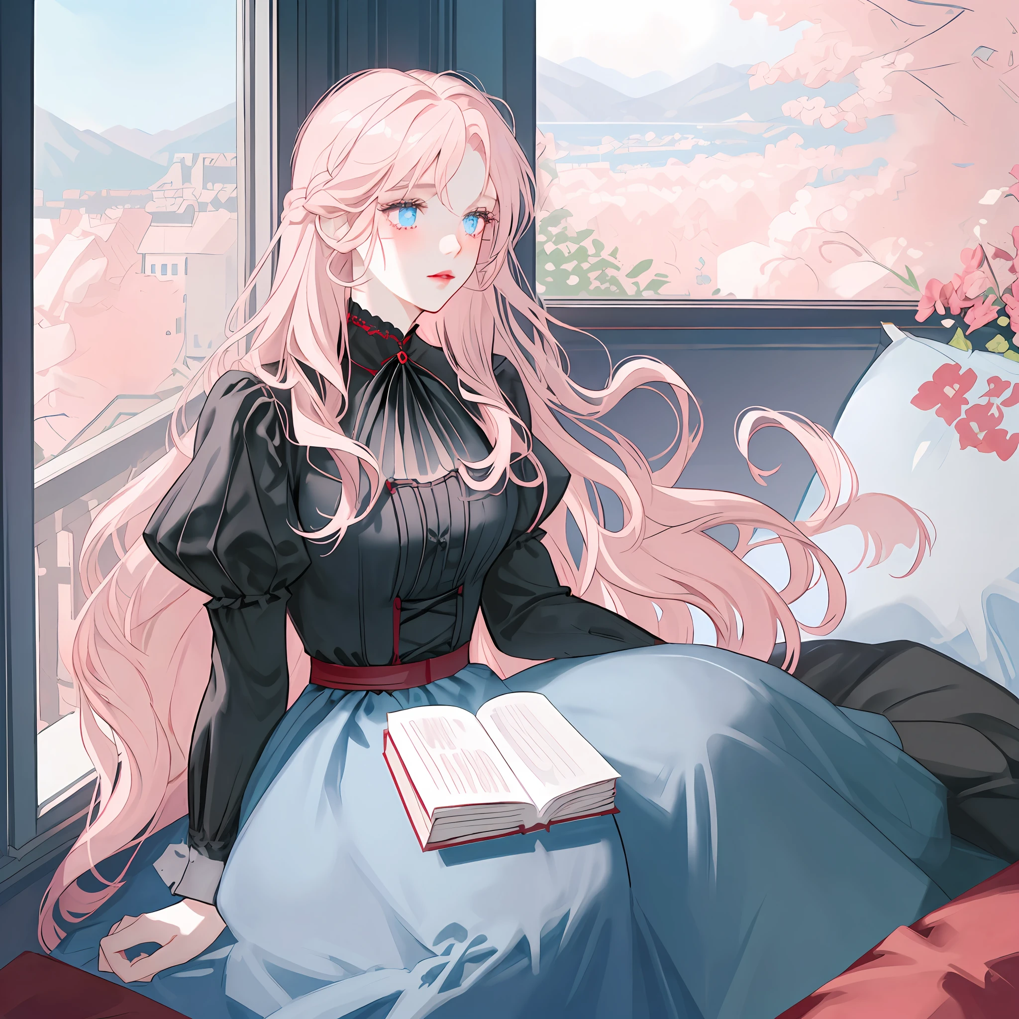 long wavy hair, light pink hair, light blue eyes, red lips, dressed in a black dress, V-neckline, sitting looking out of the window with a melancholic look, no lights,
