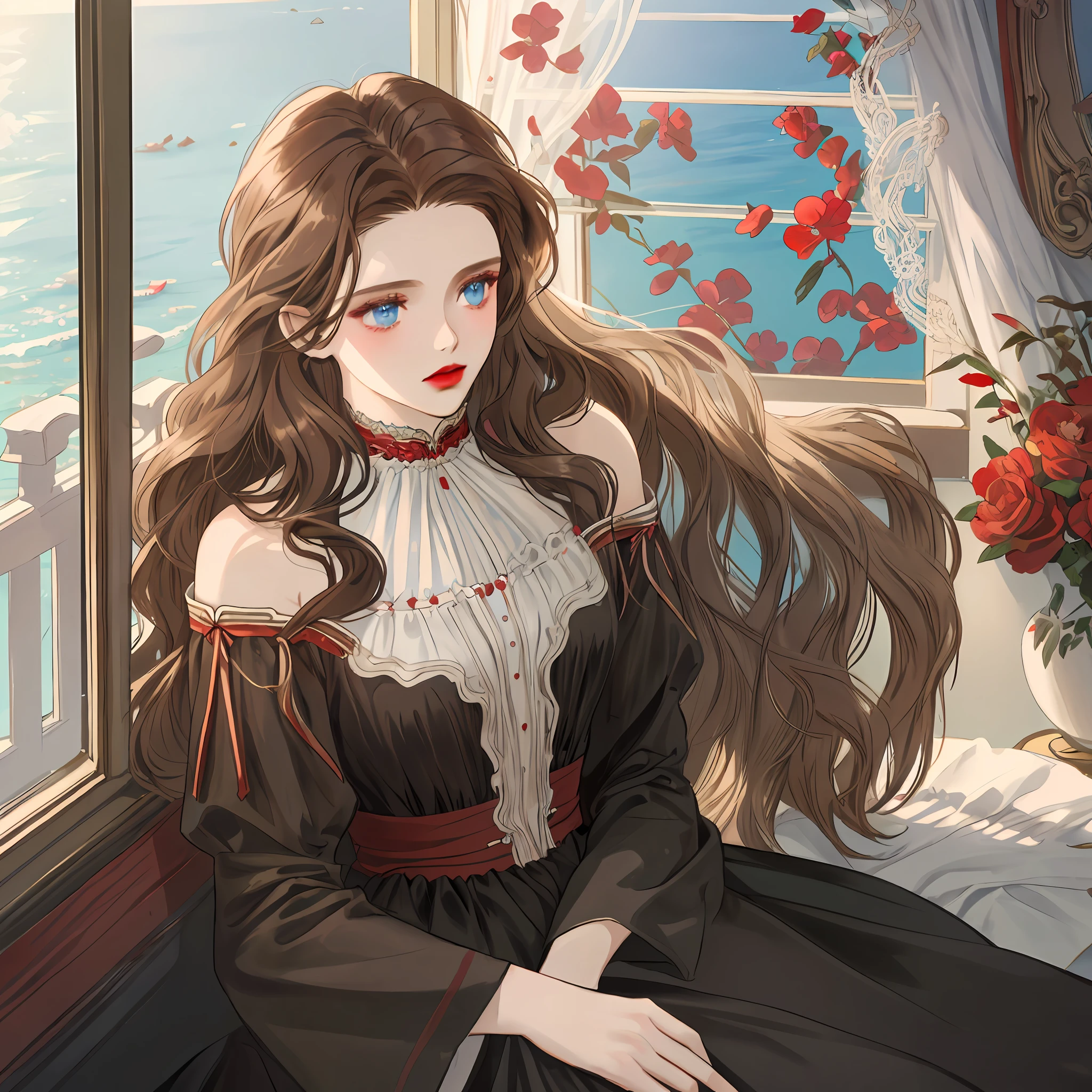long wavy hair, brown hair, light blue eyes, red lips, dressed in a black dress, V-neckline, sitting looking out of the window with a melancholic look, sun reflecting,