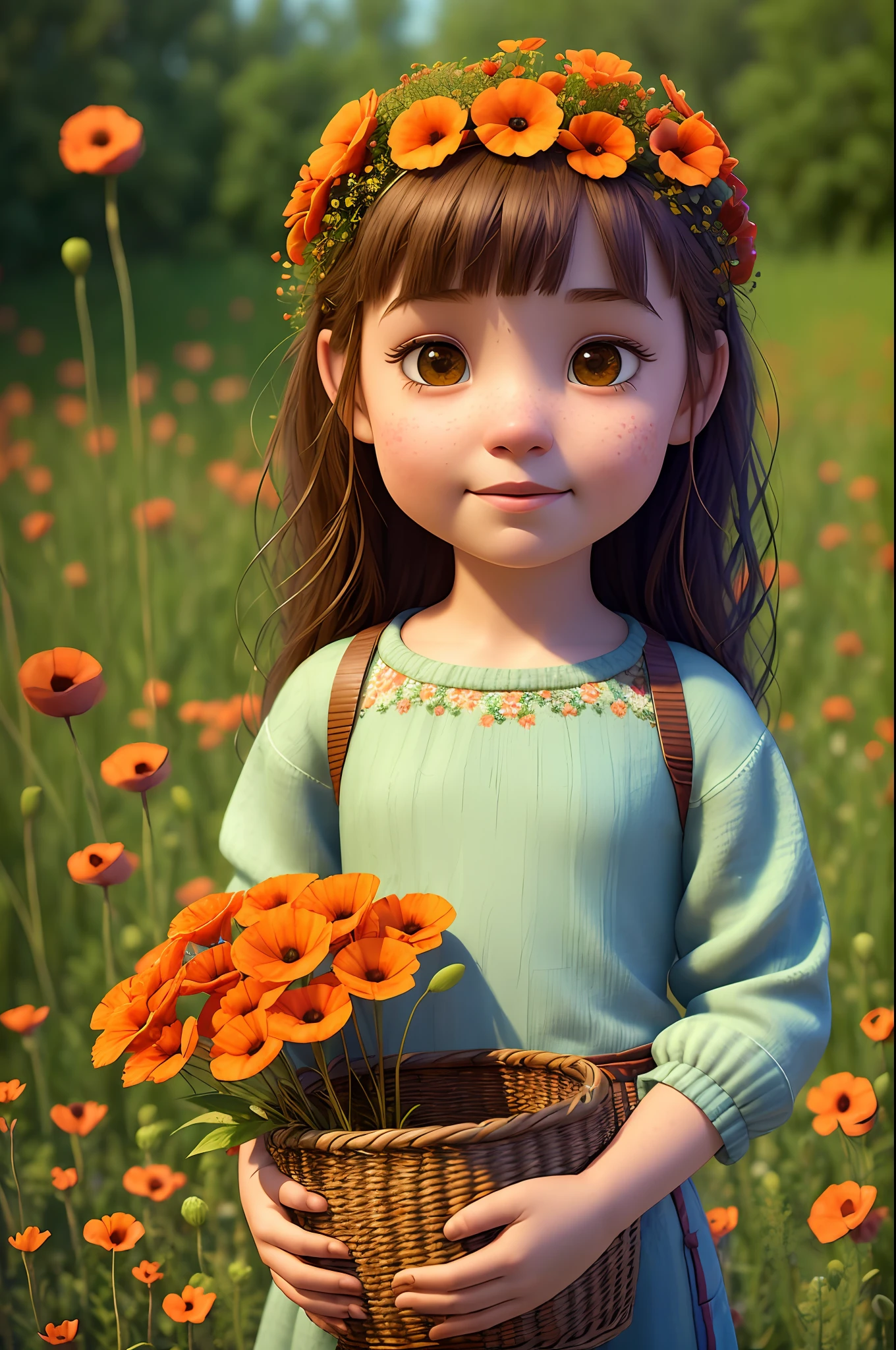 (pixarstyle:1.25) a waist-length portrait of a  with a basket of flowers, overgrown with poppy flower, natural skin texture, 4k textures, hdr, intricate, highly detailed, sharp focus, cinematic look, hyperdetailed