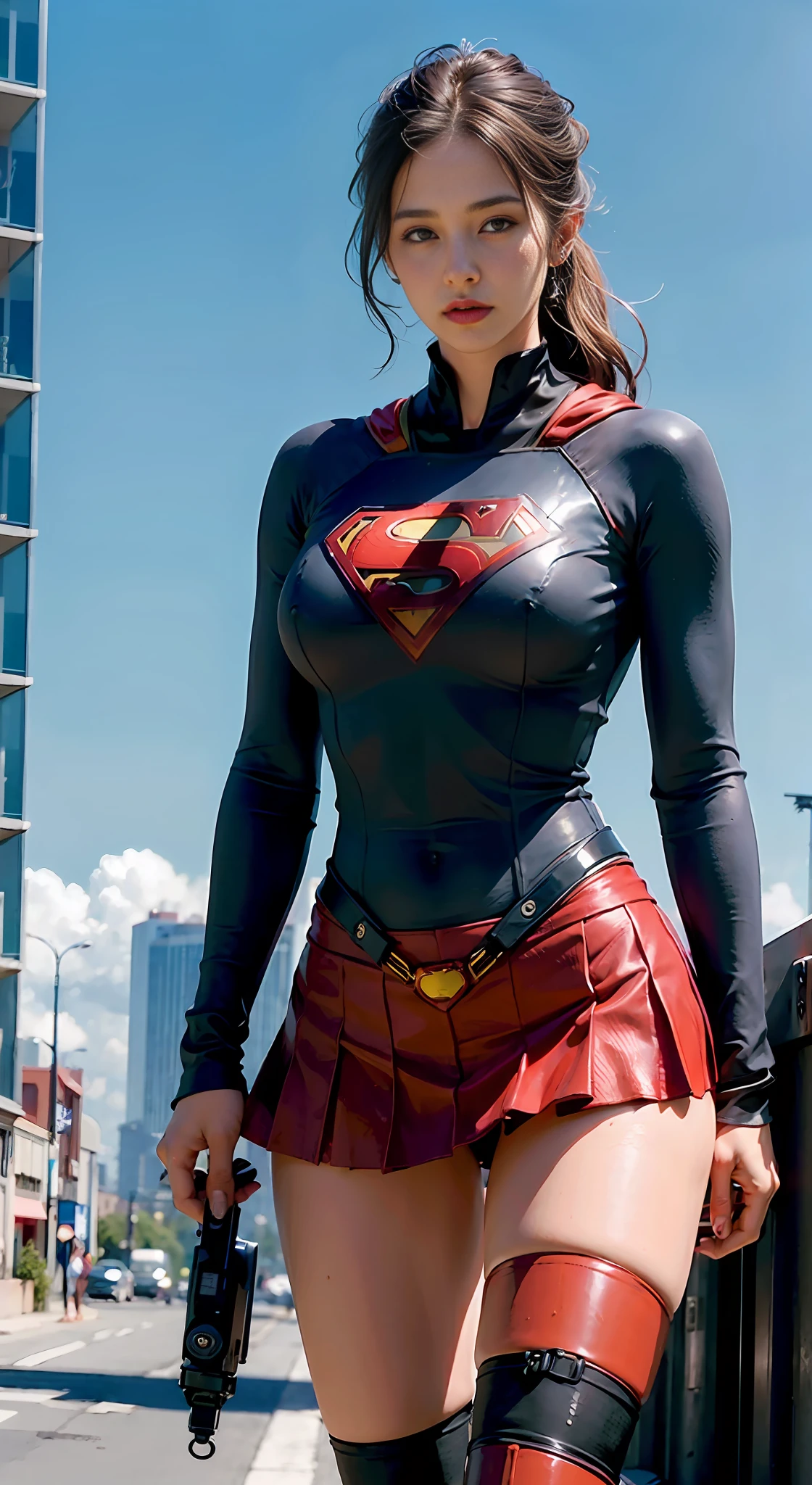 (1girl:1.3), solo, __body-parts__, official art, unified 8k wallpaper, super detailed, beautiful and beautiful, beautiful, masterpiece, best quality, raw, masterpiece, super fine photo, best quality, super high resolution, photorealistic realism, sunlight, full body portrait, amazing beauty, dynamic pose, delicate face, vibrant eyes, (from the front), she is wearing a full body superman suit, full suit, red short skirt, red and blue color scheme, superman, A capital letter on the chest, very detailed abandoned warehouse background, detailed face, detailed complex busy background, messy, gorgeous, milky white, highly detailed skin, realistic skin details, visible pores, sharp focus, volumetric fog, 8k uhd, DSLR camera, high quality, film grain, fair skin, photo realism, lomography, huge metropolis in future dystopia,