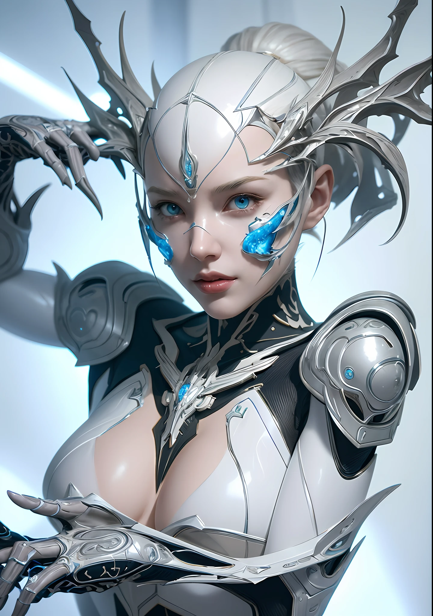 organic cyborg, white plastic, diffuse lighting, fantasy, intricate, elegant, highly detailed, lifelike, photorealistic, digital painting, artstation, illustration, concept art, smooth, sharp focus, art by John Collier and Albert Aublet and Krenz Cushart and Artem Demura, upper body