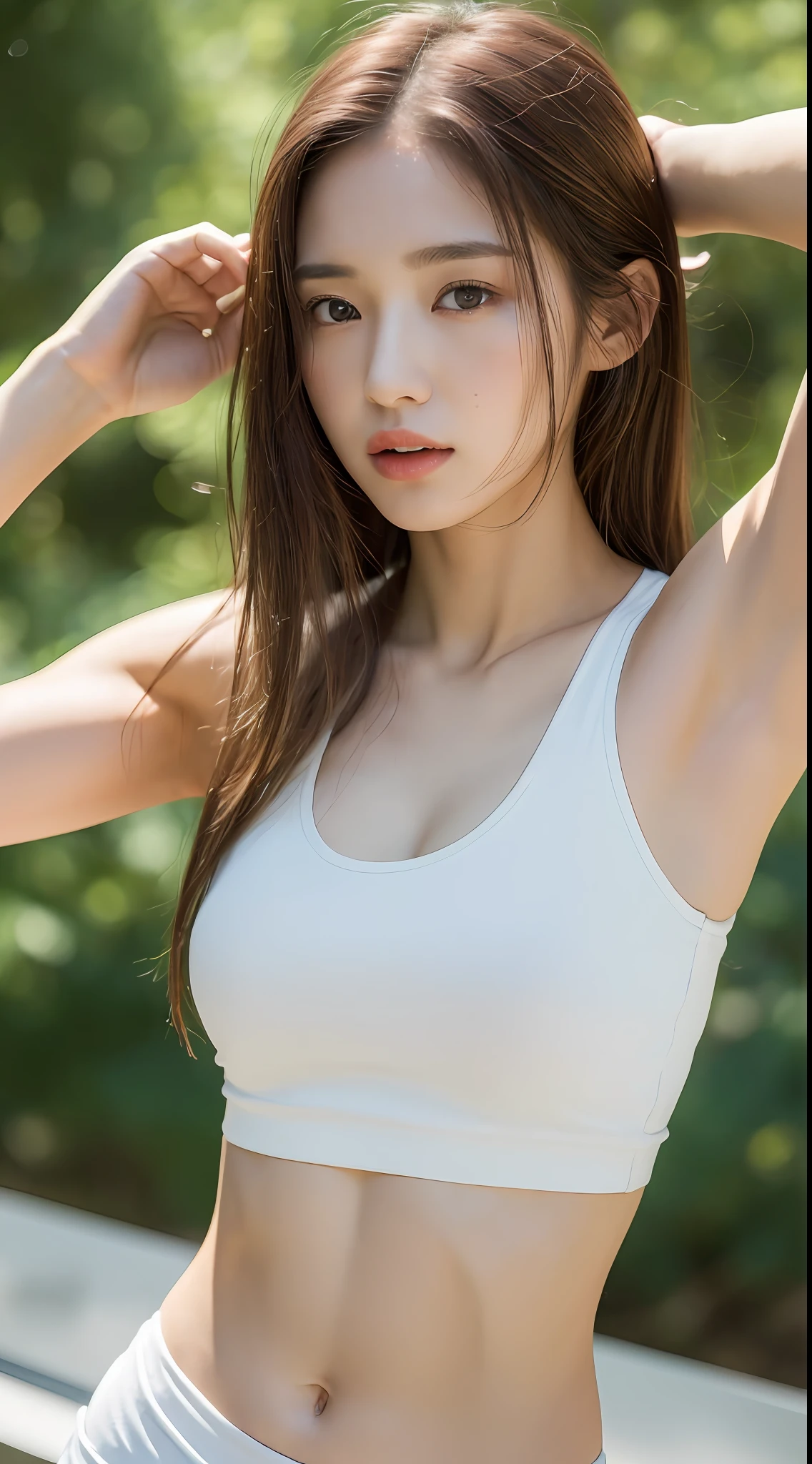 ((top quality, 8k, masterpiece: 1.3)), 1 girl, young woman with accentuated slender abs: 1.3, (long hair, big: 1.2), oversized tank top: 1.2, super delicate face