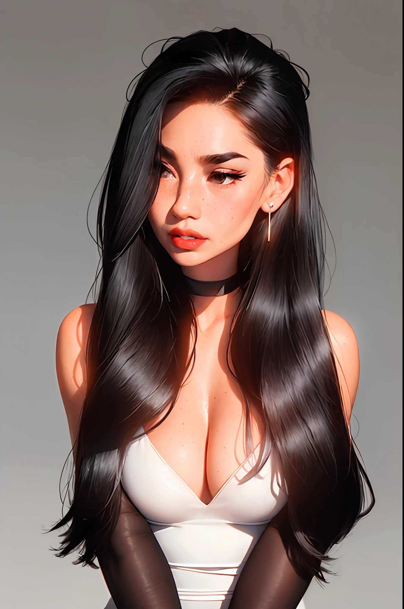 sam yang,
1girl, backlighting, bare shoulders, black choker, blurry, blurry background, blush, breasts, choker, cleavage, closed mouth, collarbone, earrings, forehead, freckles, hair over shoulder, jewelry, long hair, looking down, pointy nose, red lips, shadow, solo, thick eyebrows, thick eyelashes, upper body, white hair
, ((masterpiece))