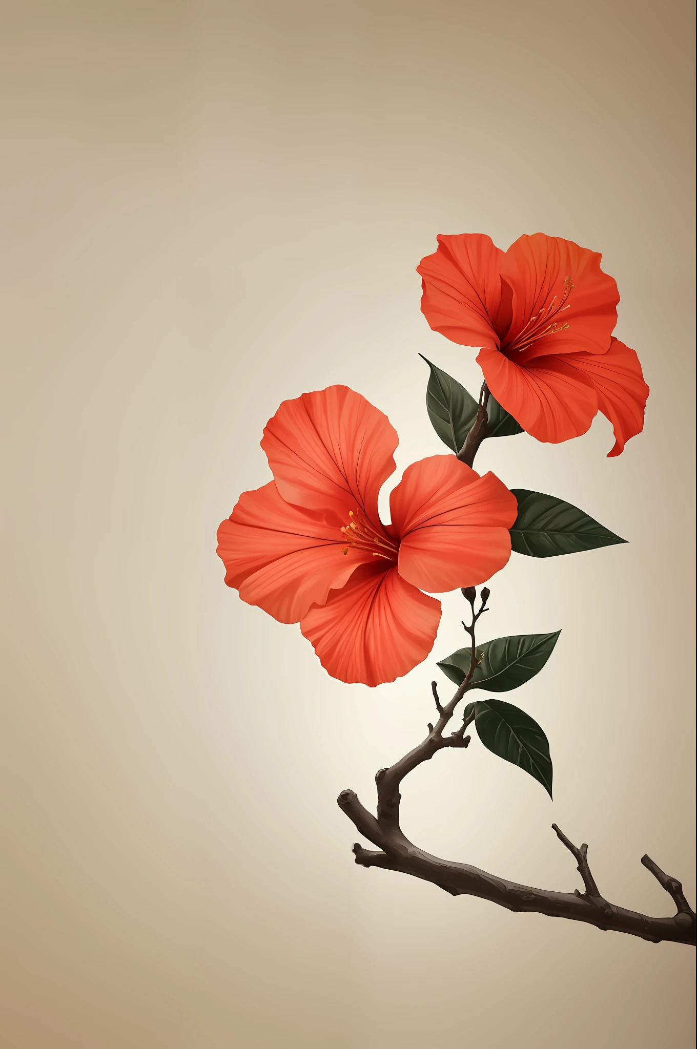 hibiscus flower blooming on a gnarled branch against a grey background, simple background, in the style of light orange and light beige, minimalist images, photography installations, paleocore, green and crimson, hyper-realistic, poetic intimacy