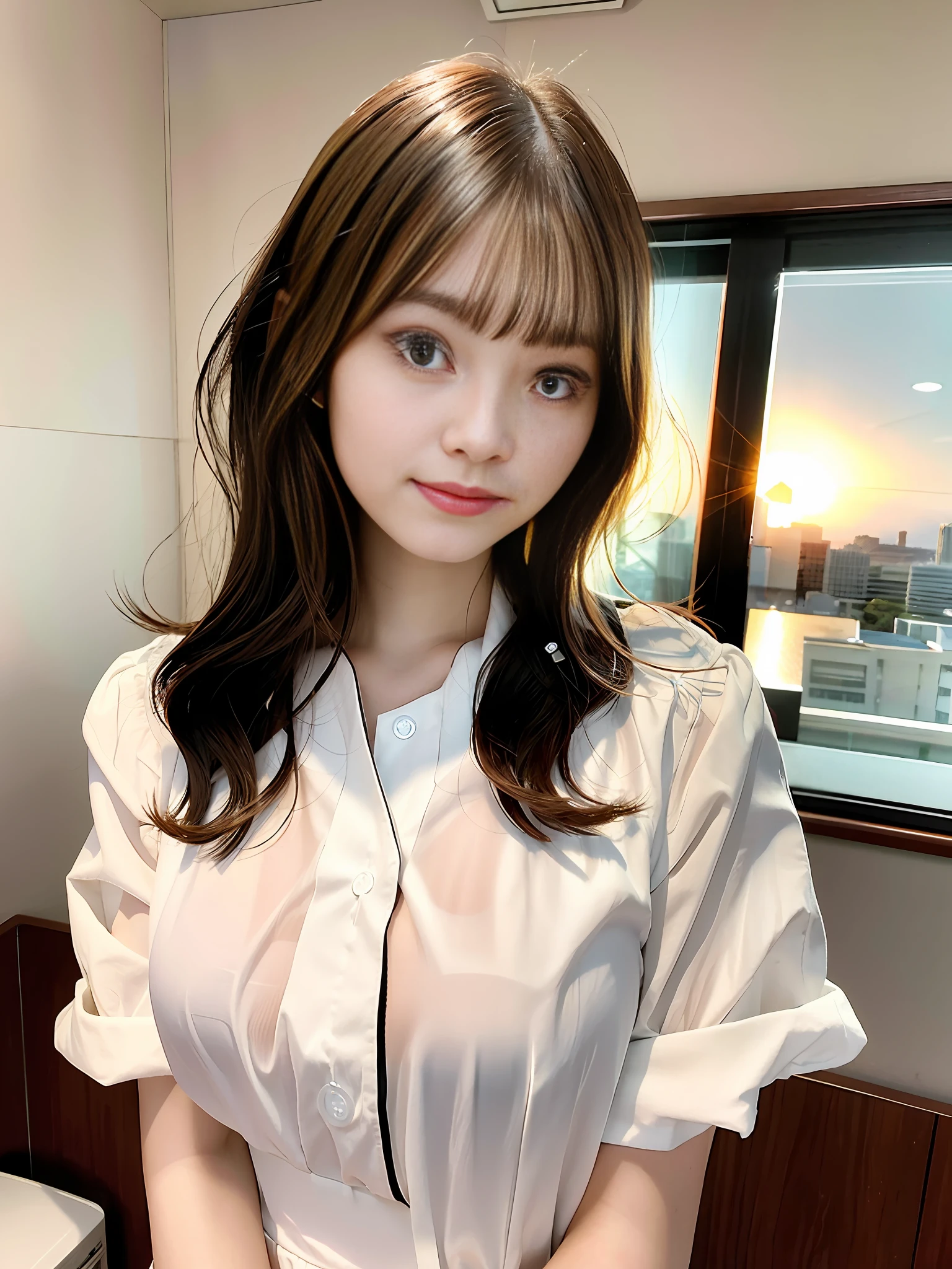 8k, top quality, masterpiece, realistic type, super detailed, 1 girl, Japan of 17 year old high school student in white uniform, brown hair, school, short hair, 1 girl, cute, solo, sunset, bright room, selfie, smile, beautiful eyes, floating hair NovaFrogStyle, big breasts, topless,