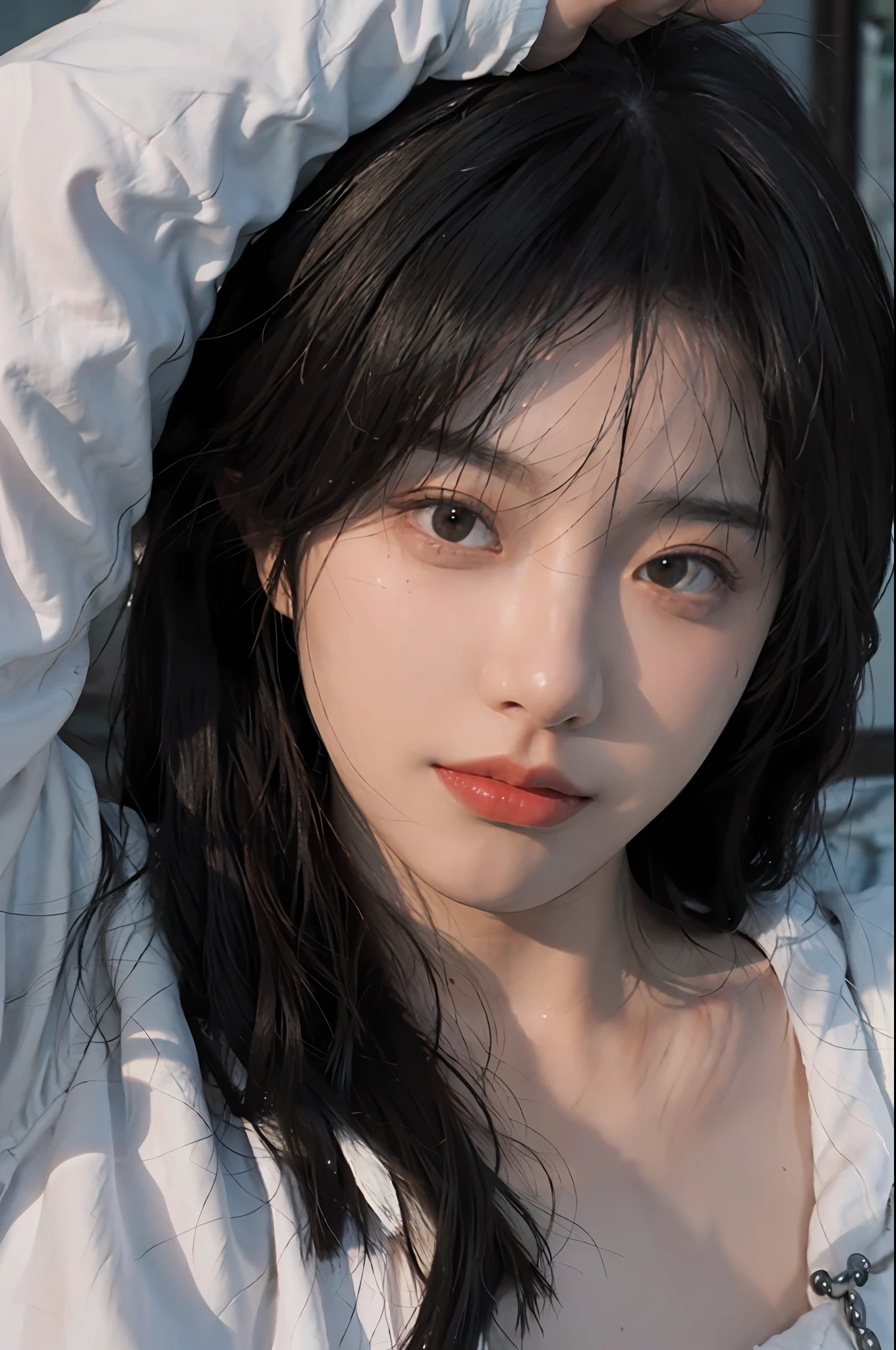 8K, Best Quality, Masterpiece, Ultra High Resolution, (Realism: 1.4), Original Photo, (Realistic Skin Texture: 1.3), (Film Grain: 1.3), (Selfie Angle), 1 Girl, Beautiful Eyes and Face Details, Masterpiece, Best Quality, Close-up, Upper Body, Looking at the Viewer