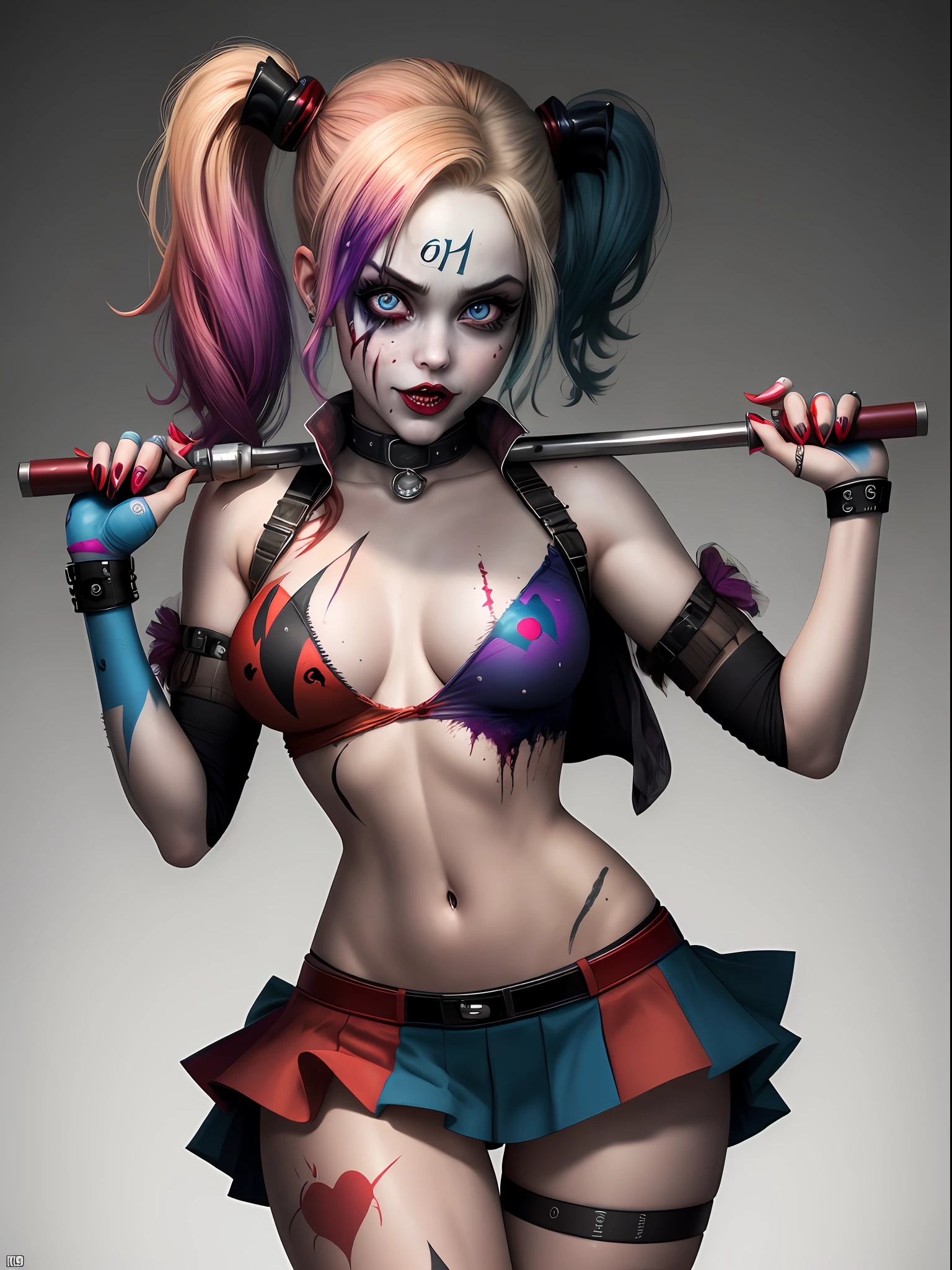 harley quinn, zombie, office room, masterpiece, ultra detailed, highest quality photography, 4k quality, best quality, textured skin, anatomically correct, super detail, realistic, realistic eyes, perfect face, perfect eyes, best quality wallpapper, colorful, full body