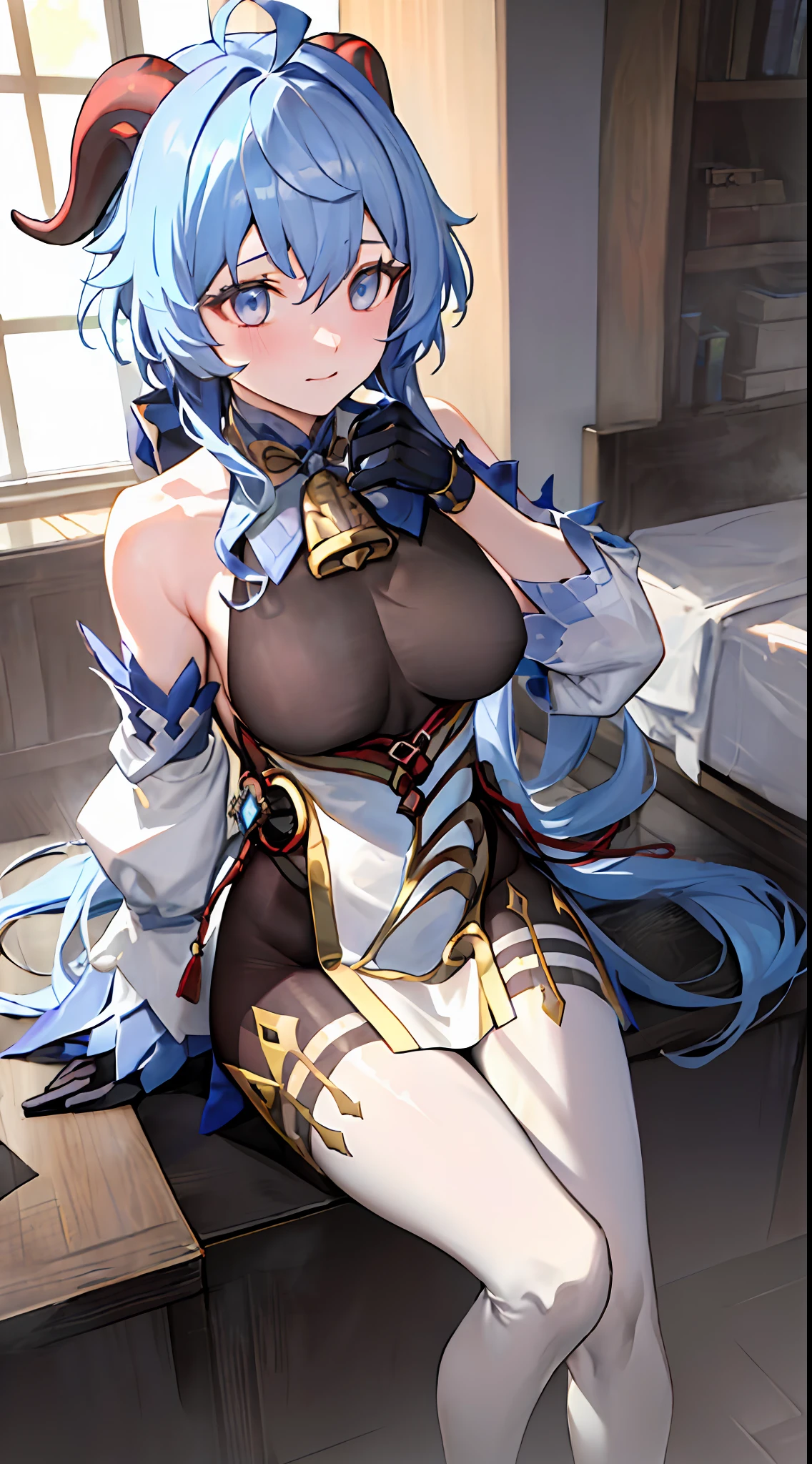 (photorealistic:1.4), (masterpiece, sidelighting, finely detailed beautiful eyes: 1.2), masterpiece*portrait, realistic, 3d face,
ganyu \(genshin impact\), 1girl, ahoge, architecture, bangs, bare shoulders, bell, black gloves, black pantyhose, (blue hair), blush, breasts, chinese knot, detached sleeves, flower knot, gloves, horns, long hair, looking at viewer, medium breasts, neck bell
