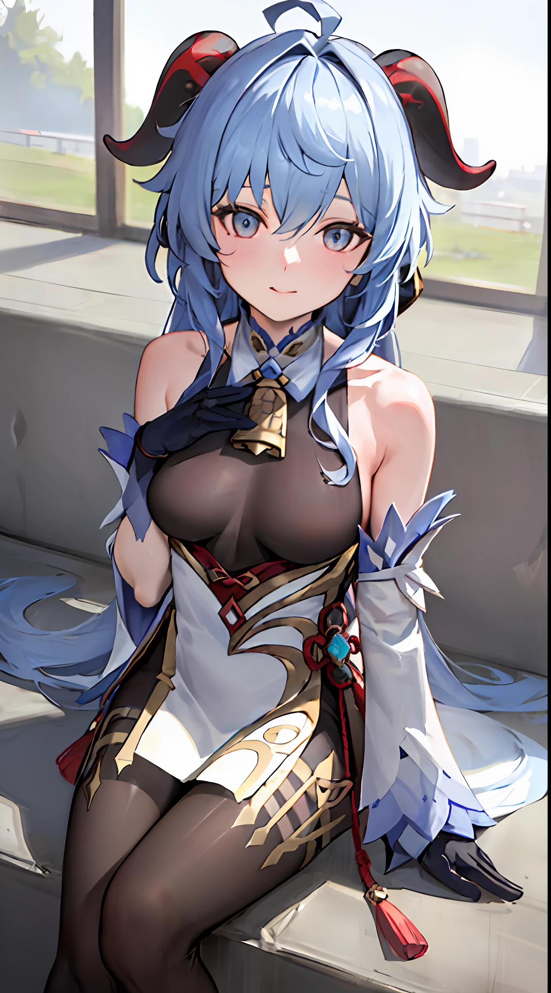 (photorealistic:1.4), (masterpiece, sidelighting, finely detailed beautiful eyes: 1.2), masterpiece*portrait, realistic, 3d face,
ganyu \(genshin impact\), 1girl, ahoge, architecture, bangs, bare shoulders, bell, black gloves, black pantyhose, (blue hair), blush, breasts, chinese knot, detached sleeves, flower knot, gloves, horns, long hair, looking at viewer, medium breasts, neck bell