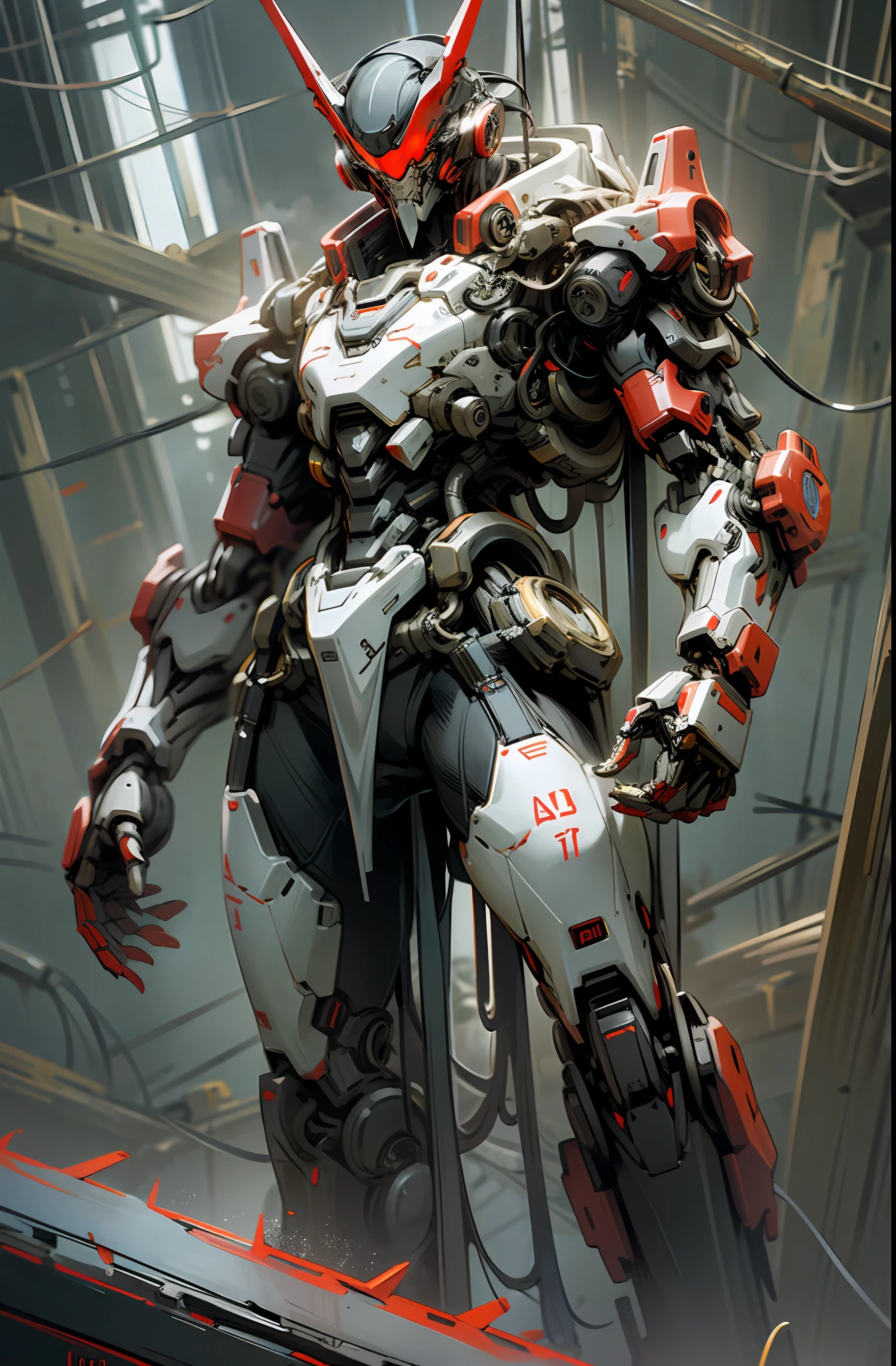 Dark Fantasy, Cyberpunk, Mechanical Marvel, Chain Saw, Chain Saw Man, Red:1.1, Cybernetic Guardian, Robotic Presence, 1 Person