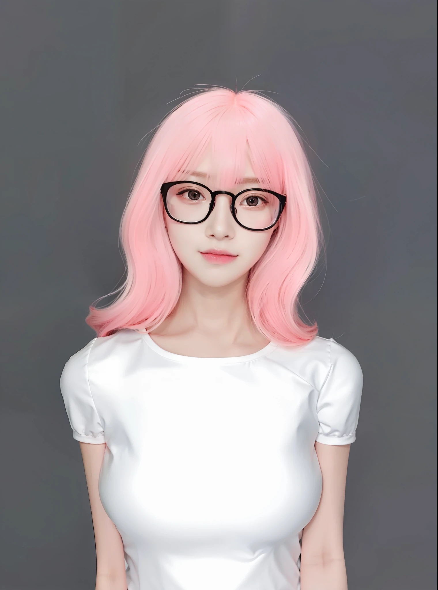 arafed woman with pink hair and glasses on a gray background, inspired by Sim Sa-jeong, hyperrealistic , pink twintail hair and cyan eyes, kawaii realistic portrait, semi realistic, inspired by Jang Seung-eop, pink wispy hair, inspired by Russell Dongjun Lu, realistic young anime girl, ! two tone hair! dye