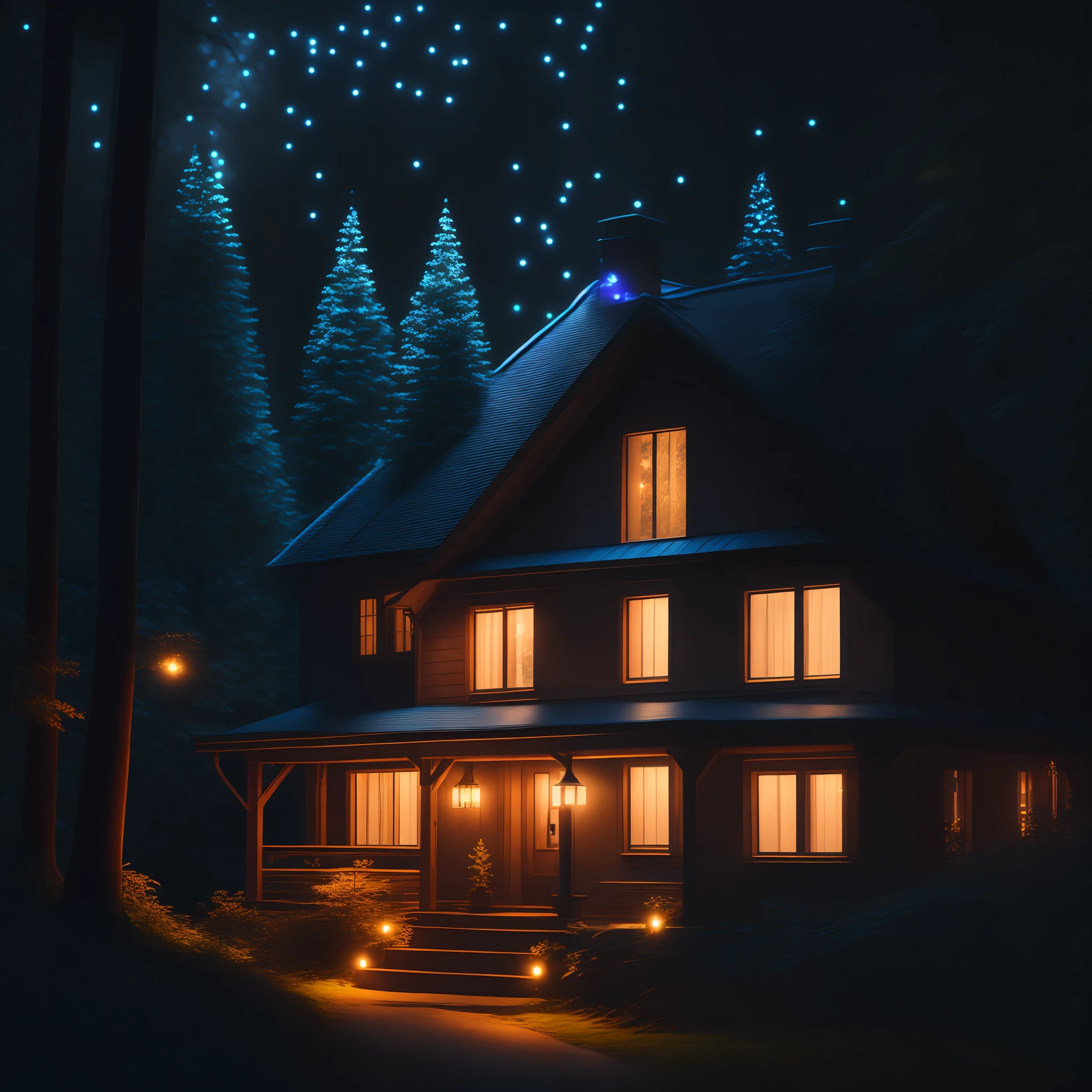 night scene of stickers, close-up photo of a house with lights on in the forest, soft volumetric lights, (backlit: 1.3), (cinematic: 1.3), intricate details, (ArtStation: 1.3), Rutkowski