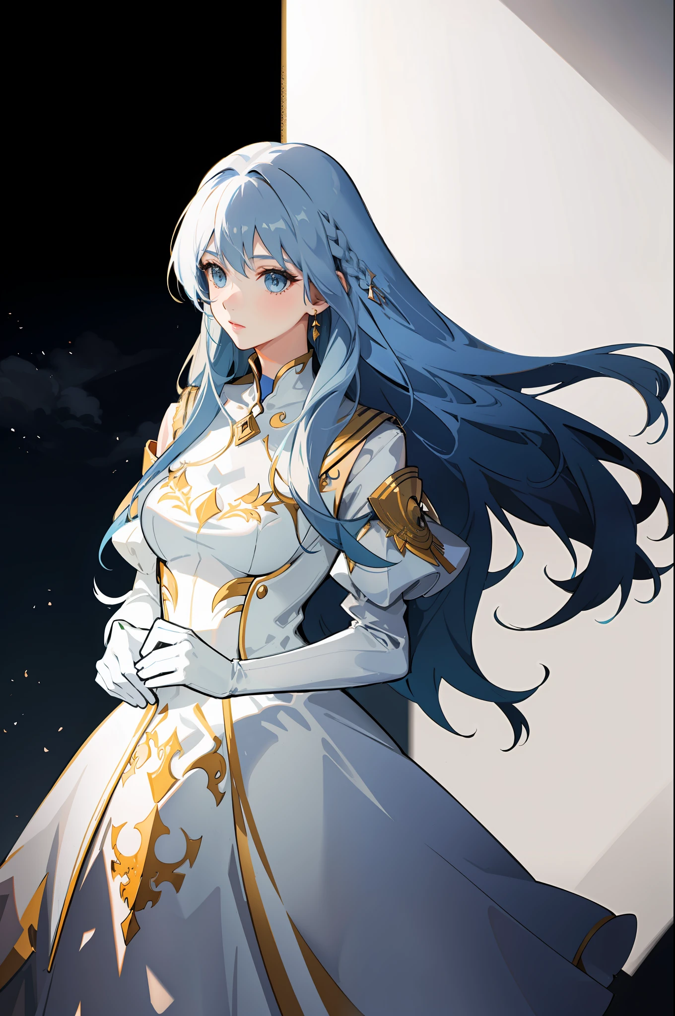a beautiful woman with long blue hair stood in front of me. She was wearing a white dress with beautiful gold trimmings