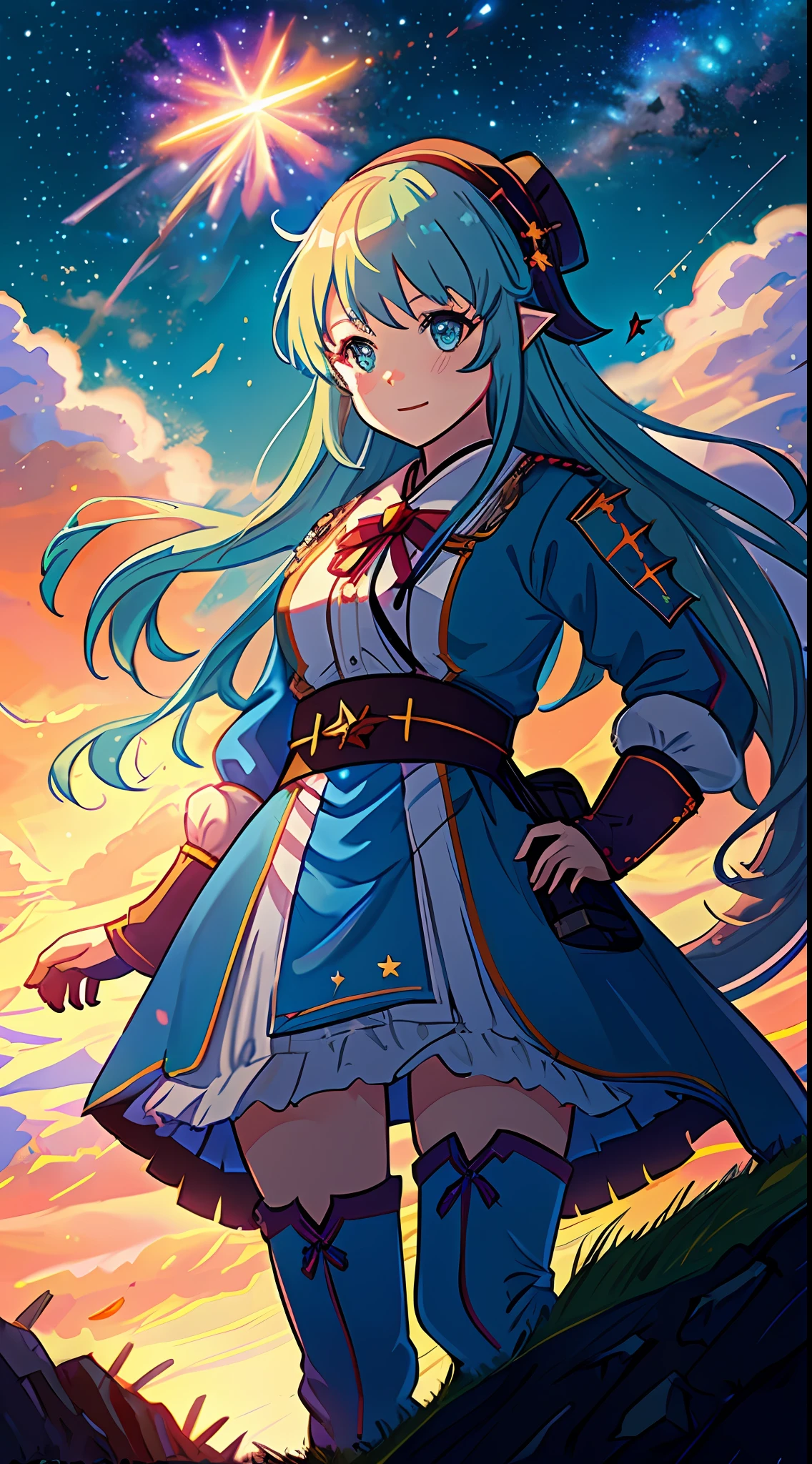 Starry sky, castles, bright colors, weird orcs, colorful clouds floating in the sky, giant dragons soaring, and a battlefield in the distance, a cute girl is holding an AK47, standing on the castle, holding a national flag in her left hand, (details) (detailed) ) 4K, high resolution, cine lens, dynamic