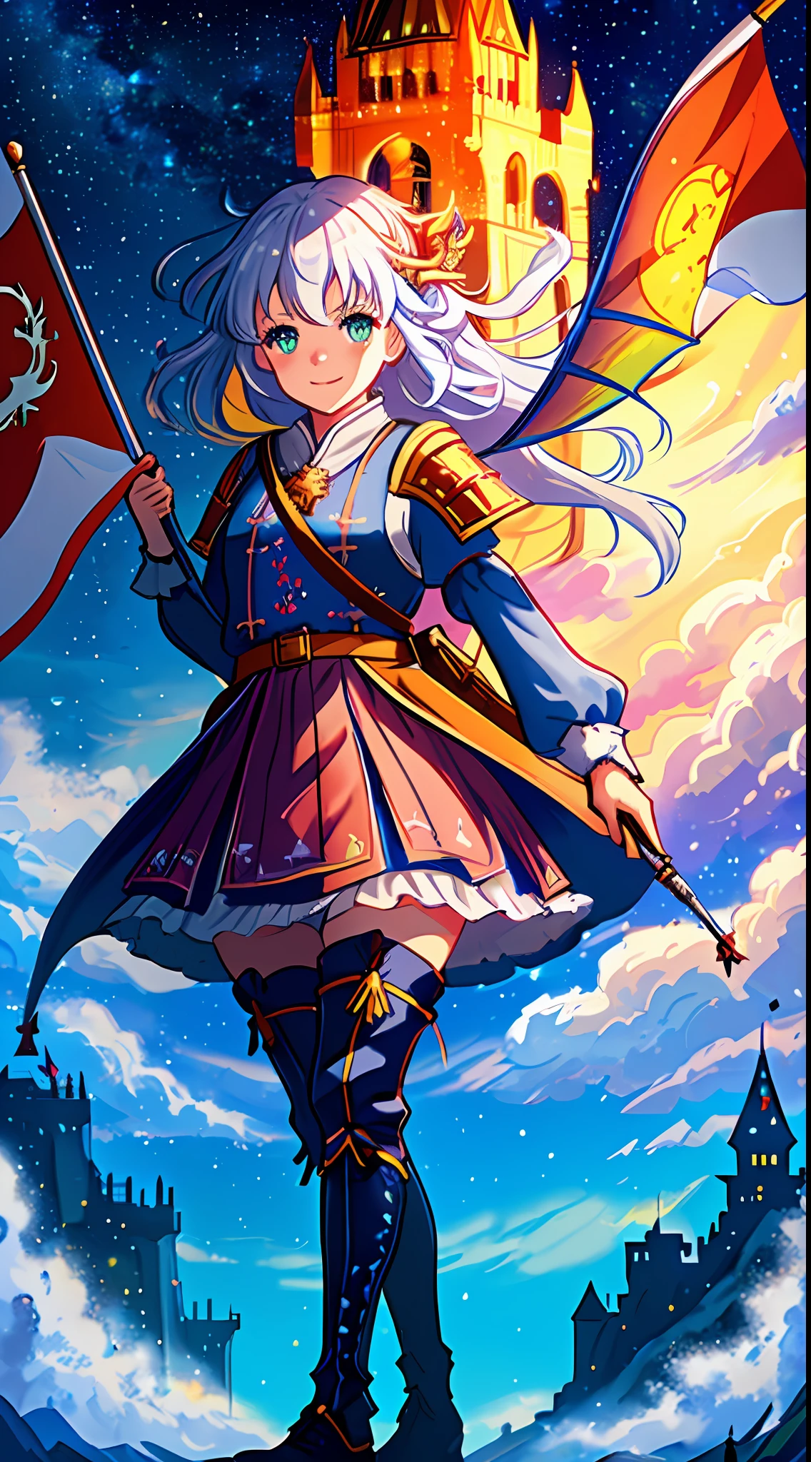 Starry sky, castles, bright colors, weird orcs, colorful clouds floating in the sky, giant dragons soaring, and a battlefield in the distance, a cute girl is holding an AK47, standing on the castle, holding a national flag in her left hand, (details) (detailed) ) 4K, high resolution, cine lens, dynamic