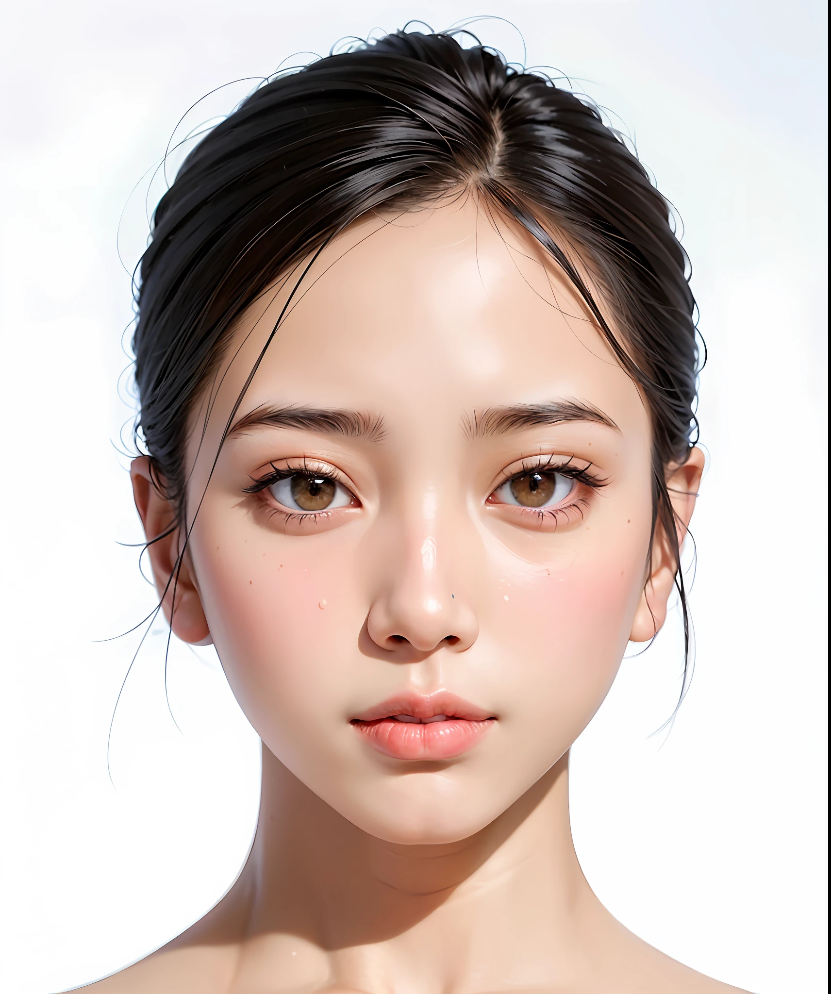 There is a woman posing for a photo, Korean symmetrical face, Korean face features, Southeast Asian round face, clean beautiful symmetrical face, young cute Korean face, perfect face model, clean perfect symmetrical face, young woman's face, young female face, round face, model face, full round face, (highly detailed skin: 1.2)