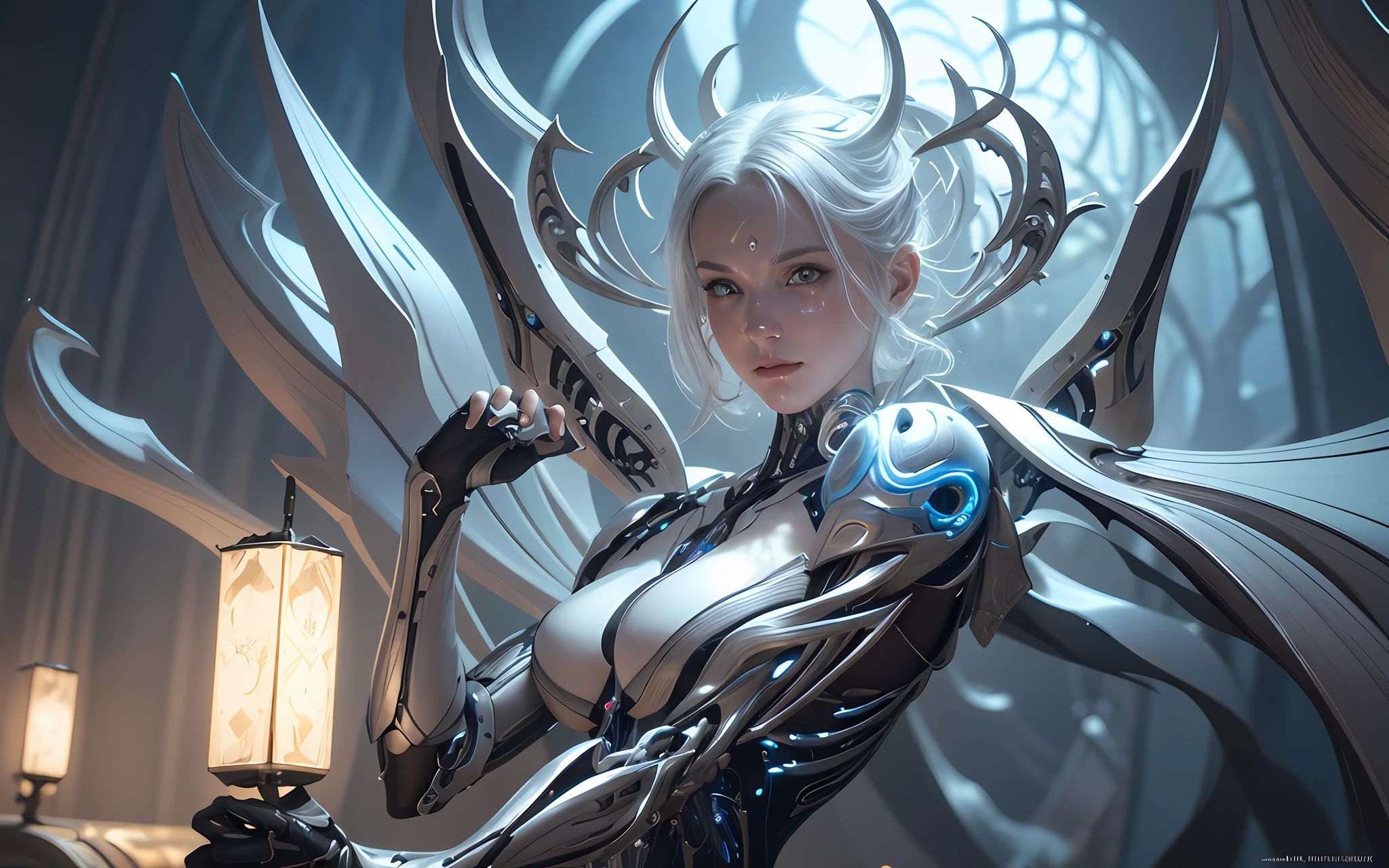 organic cyborg, white plastic, diffuse lighting, fantasy, intricate, elegant, highly detailed, lifelike, photorealistic, digital painting, artstation, illustration, concept art, smooth, sharp focus, art by John Collier and Albert Aublet and Krenz Cushart and Artem Demura, upper body