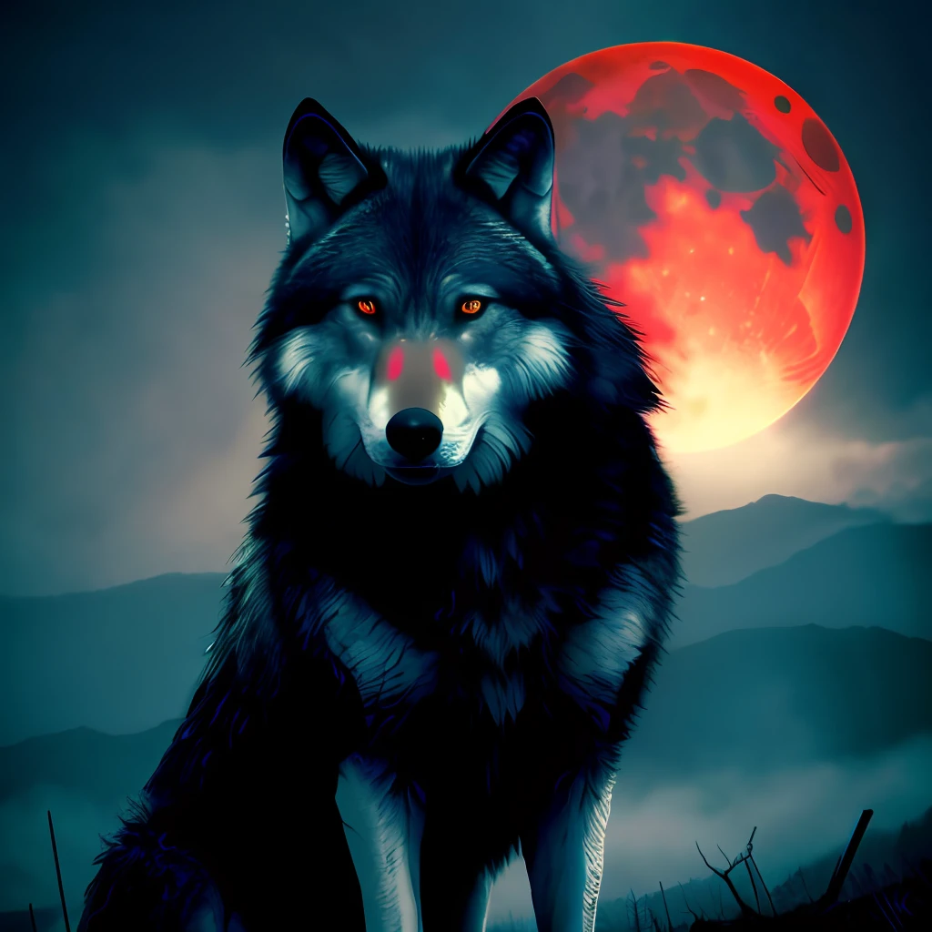 best quality, masterpiece,
a monster, god, holy, fog, big red bleeding eye and blood moon as background,
elden ring,wolf