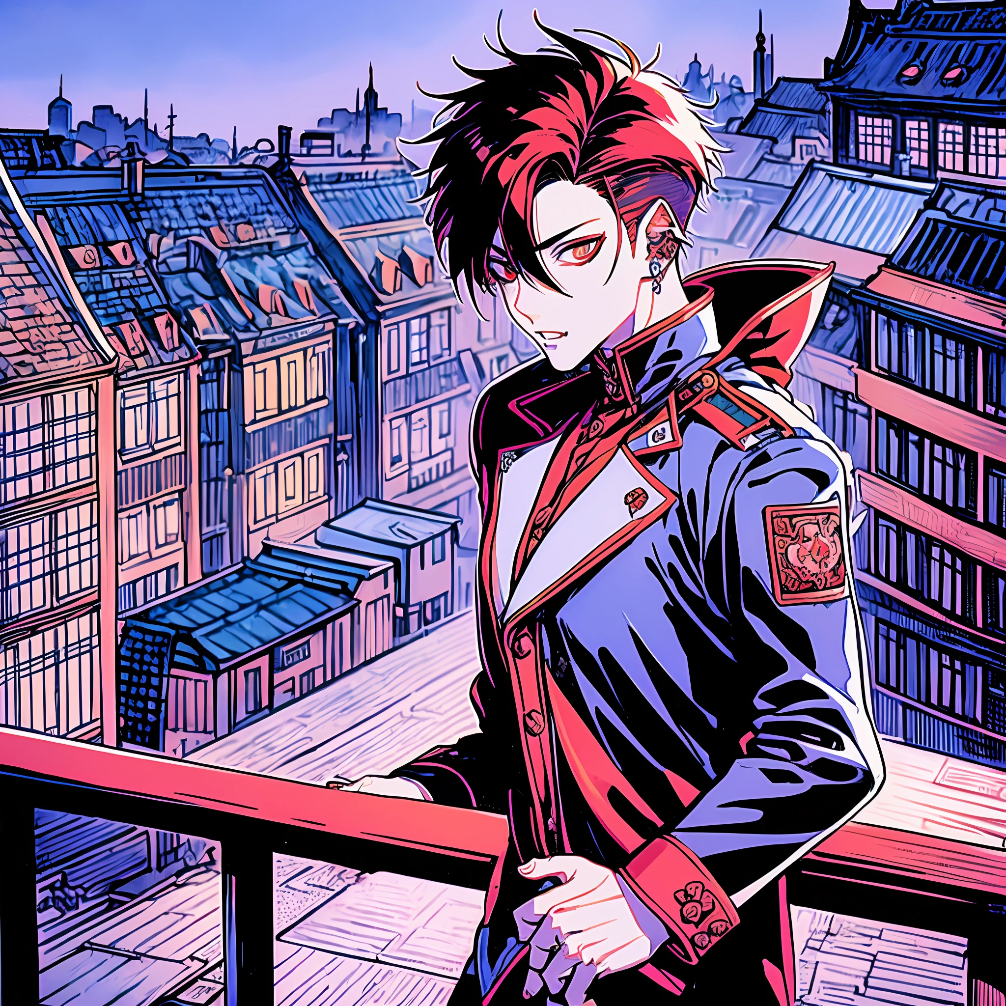 1male, anime character with red hair and a black leather jacket, holding machine, anime handsome man, (silver eyes), (((short spiky red hair))), (ear cuff), with red hair, solo, ((suoh mikoto)), k project, (((vampire))), (insanity), malkavian, city in background, (((night))), laughter, amused, cowboy shot, (dynamic lighting), pixiv, masterpiece, vampire the masquerade, (blood), ((hellsing))