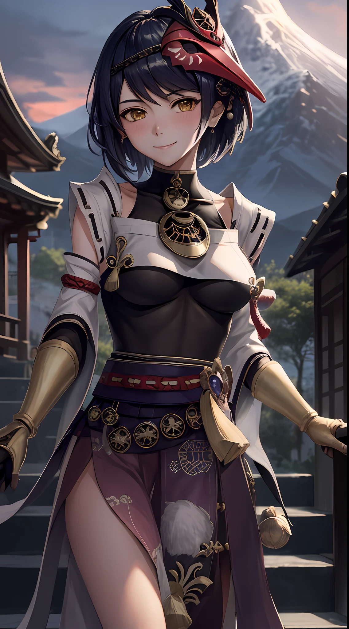 kujousaradef, upper body, smile, blush, outdoors, day, simple background, blue sky, short hair, sky, temple, looking at viewer, stairs, mountain, moody lighting, facing viewer,