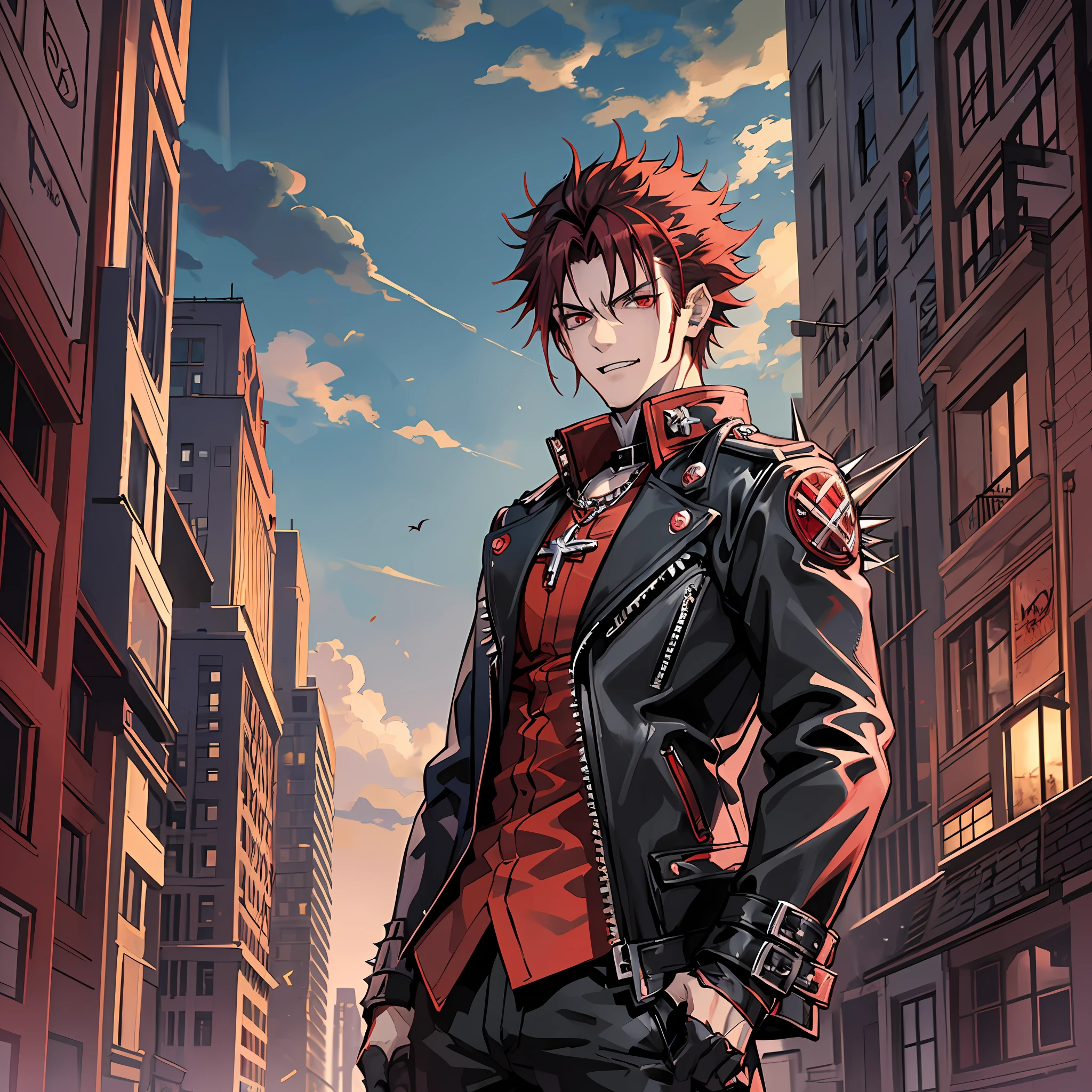 1male, anime character with red hair and a black leather jacket, holding machine, anime handsome man, (silver eyes), (((short spiky red hair))), (ear cuff), with red hair, solo, ((suoh mikoto)), k project, (((vampire))), (insanity), malkavian, city in background, (((night))), laughter, amused, cowboy shot, (dynamic lighting), pixiv, masterpiece, vampire the masquerade, (blood), ((hellsing))