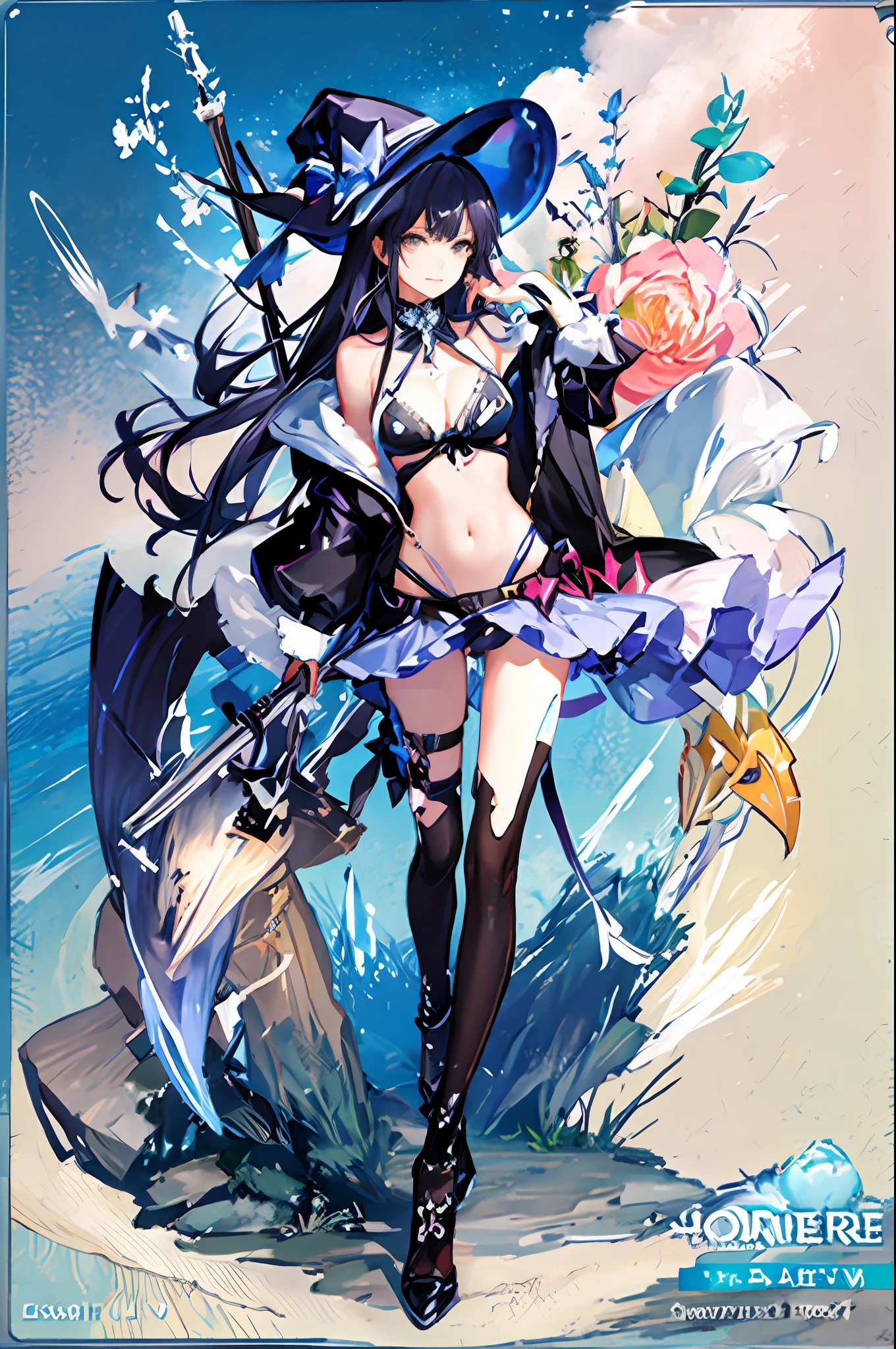 Colorful butterfly, girl, bikini, upper body, witch hat, (detailed face: 1.2), (middle breast), (cleavage), (thigh), long hair, asymmetrical bangs, tarot border, portrait in the center, (no weapon), (bouncing breasts), fantasy feeling, card game illustration,