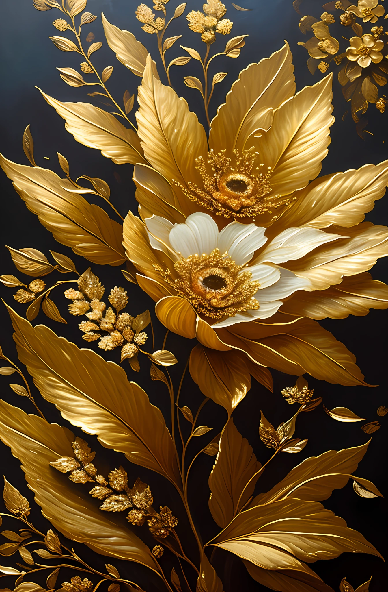 there is a painting of a flower with gold and silver leaves, gold flowers, golden flowers, flowers and gold, gilded relief, detailed flowers, ornate flowers, gold flaked flowers, flowers with intricate detail, chaotic gold leaf flowers, detailed 4 k oil painting, stunning and rich detail, gilded. floral, flowers. baroque elements, intricate oil painting