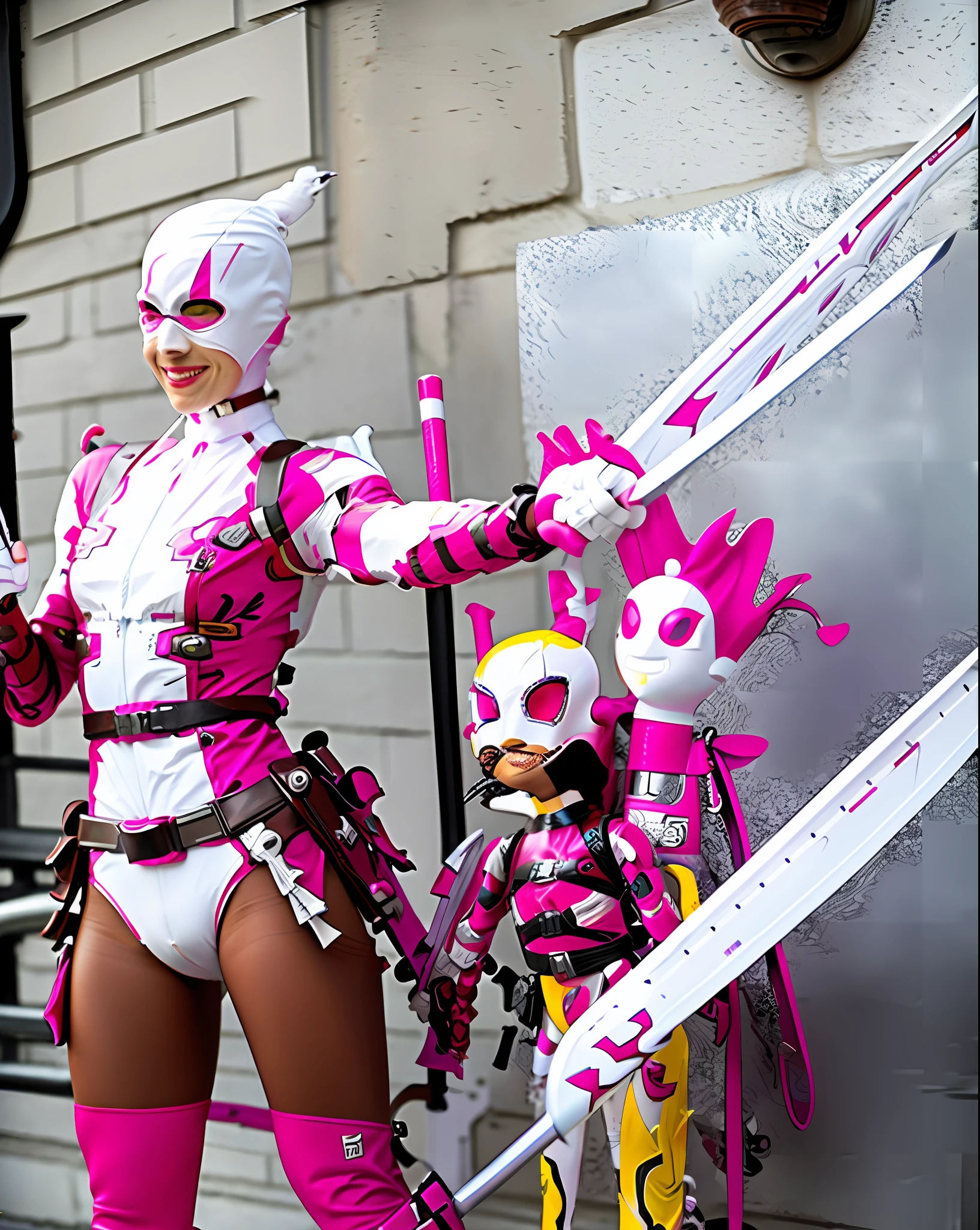 gwenpool, 1girl, solo, sword, weapon, weapon on back, smile, katana, bodysuit, upper body, artist name, mask, bubble