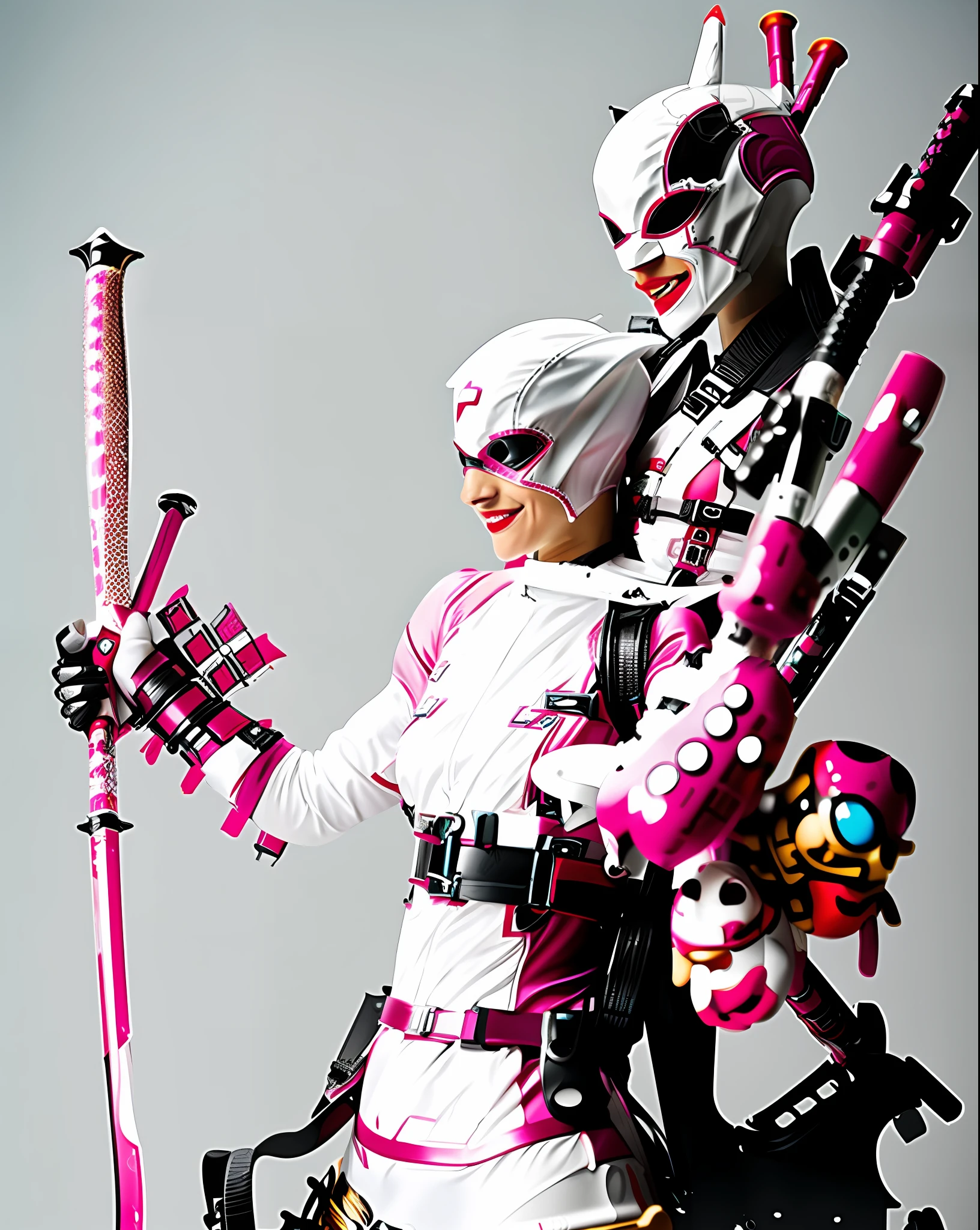 gwenpool, 1girl, solo, sword, weapon, weapon on back, smile, katana, bodysuit, upper body, artist name, mask, bubble