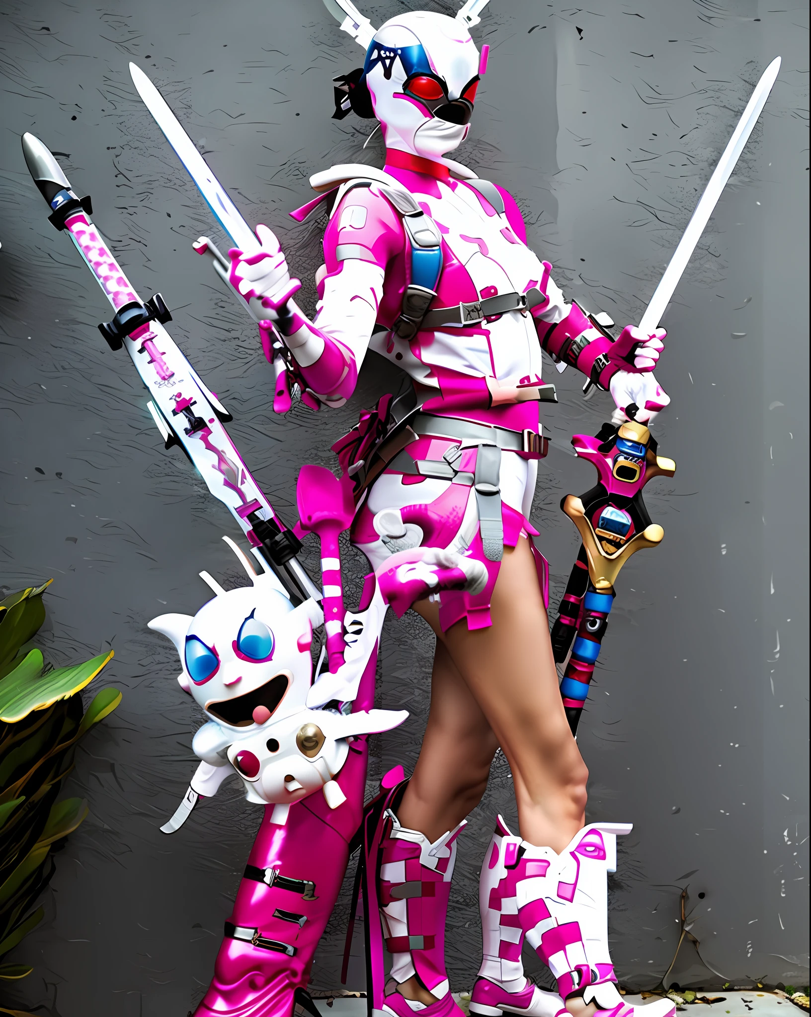 gwenpool, 1girl, solo, sword, weapon, weapon on back, smile, katana, bodysuit, upper body, artist name, mask, bubble