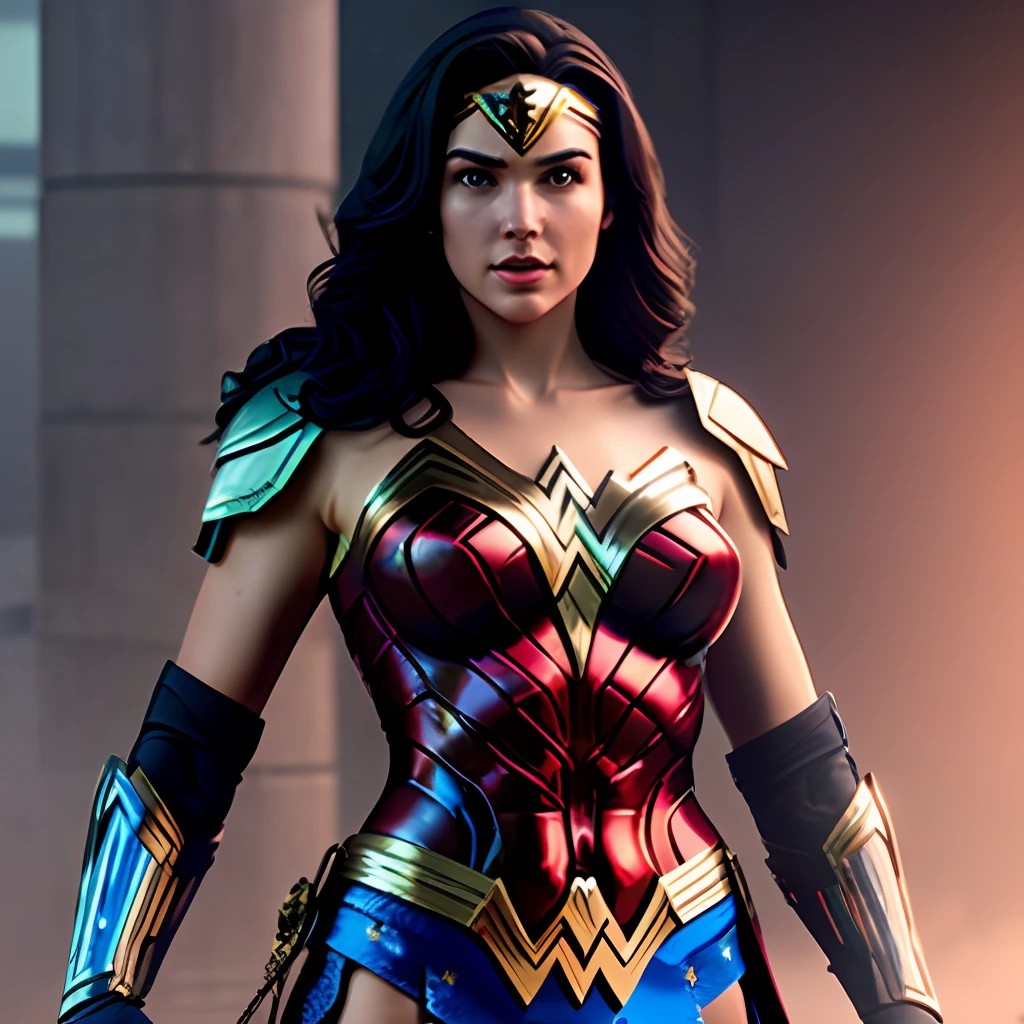 wonder woman, red and blue armor, photography, soft lighting, soft details, octane, artstation trending, ultra high detail, ultra realistic, cinematic,16k