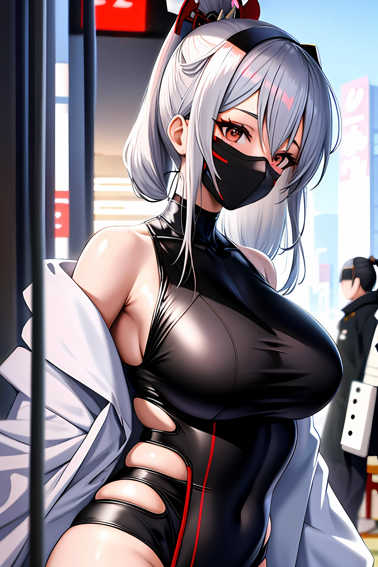 anime girl, 1girl, adult female, silver hair, geisha hairstyle ，big breasts, busty, samurai mask,face mask，ninja girl， tight swimsuit，long coat，cyberpunk