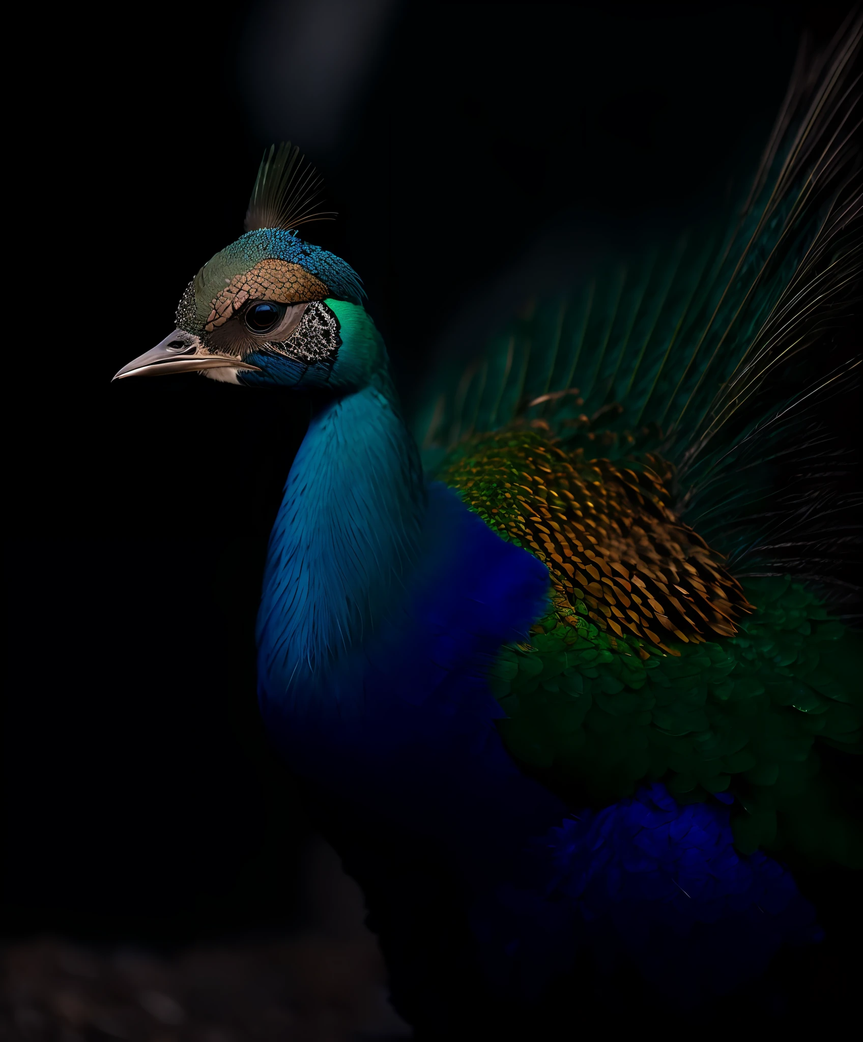 araffe with a blue tail and green feathers standing in the dark, peacock colors, peacock, colorful plumage, beautiful and graceful, in front of a black background, peacock in the desert, captured on canon eos r 6, digital art animal photo, against a deep black background, wearing crown of bright feathers, portrait shot
