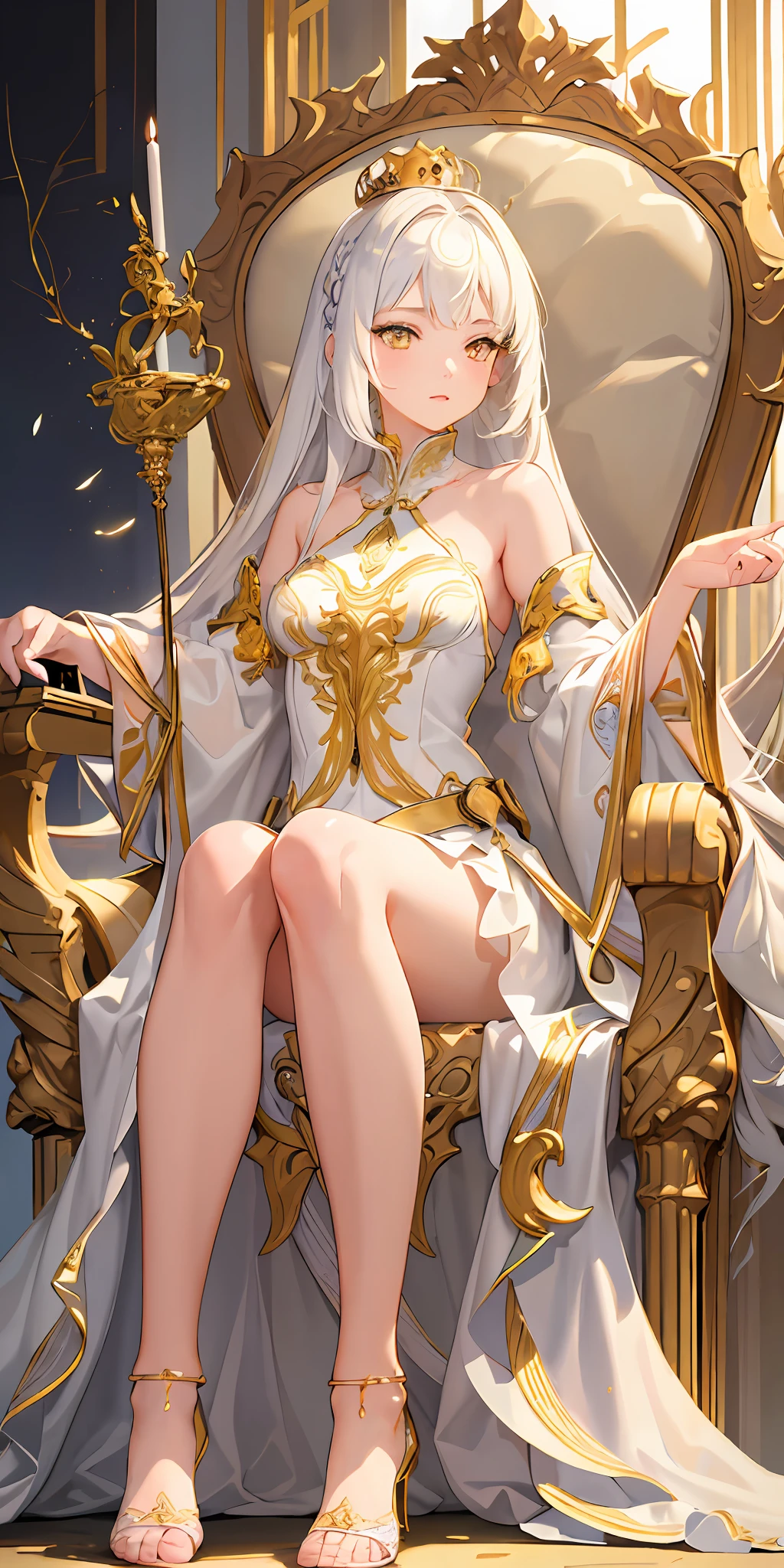 (Masterpiece:1.2), best quality, (illustration:1.2), (ultra-detailed), hyper details, (delicate detailed), (intricate details), (cinematic light, best quality Backlights), clear line, from below, soloist, perfect body, (1girl), white hair and yellow eyes, (emperor, black see-through clothes), (crown: 1.1), sitting on the throne, eyes slightly closed, head down, (shy: 1.2 ), (makeup), high contrast, (best illumination, an extremely create and beautiful), (cinematic light), colorful,