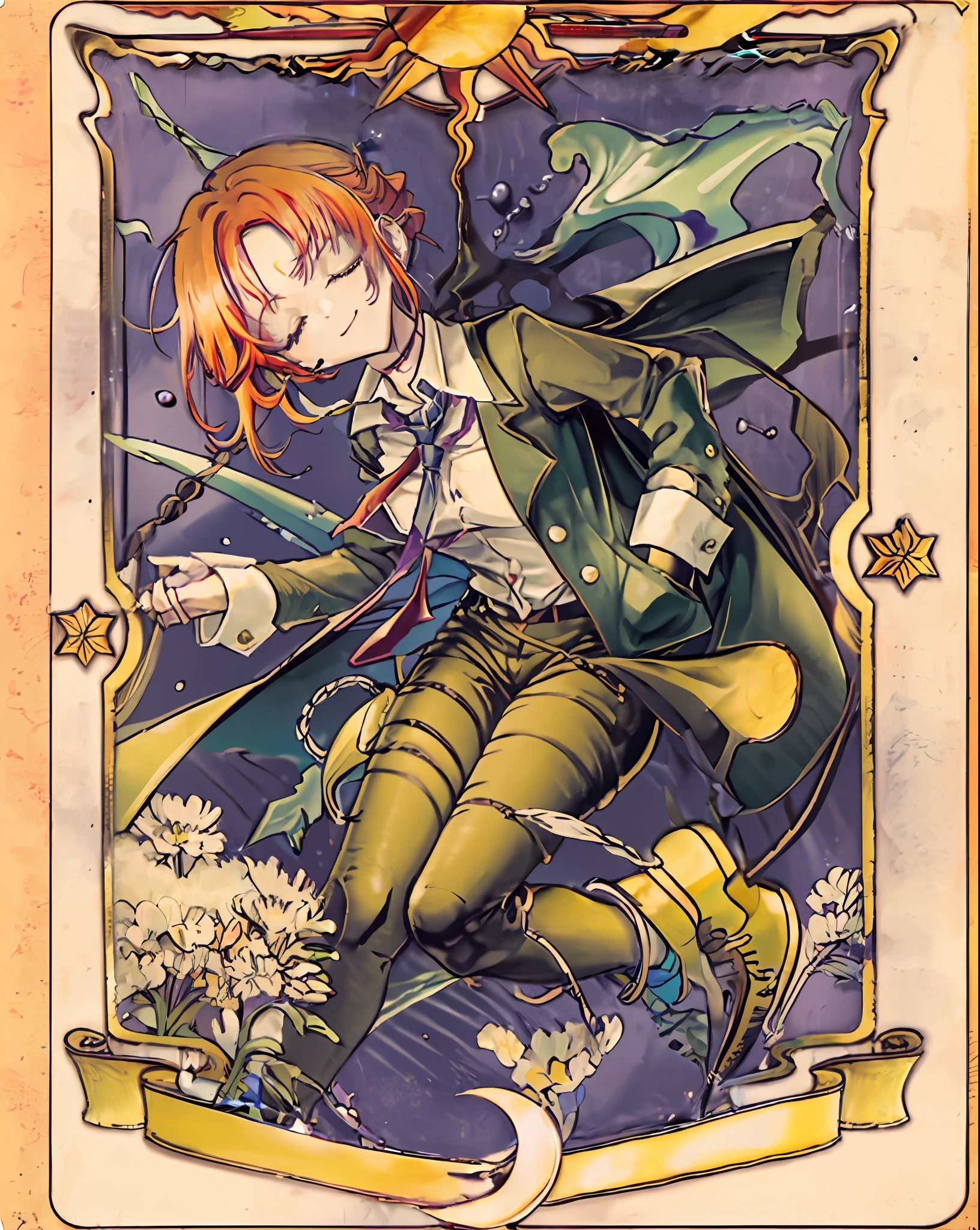 masterpiece, best quality, 1girl, nami \(chainsaw man\), red hair, long braided hair, bangs, hand in pocket, white shirt, black pants, closed eyes, card, solo, tarot, necktie, smile