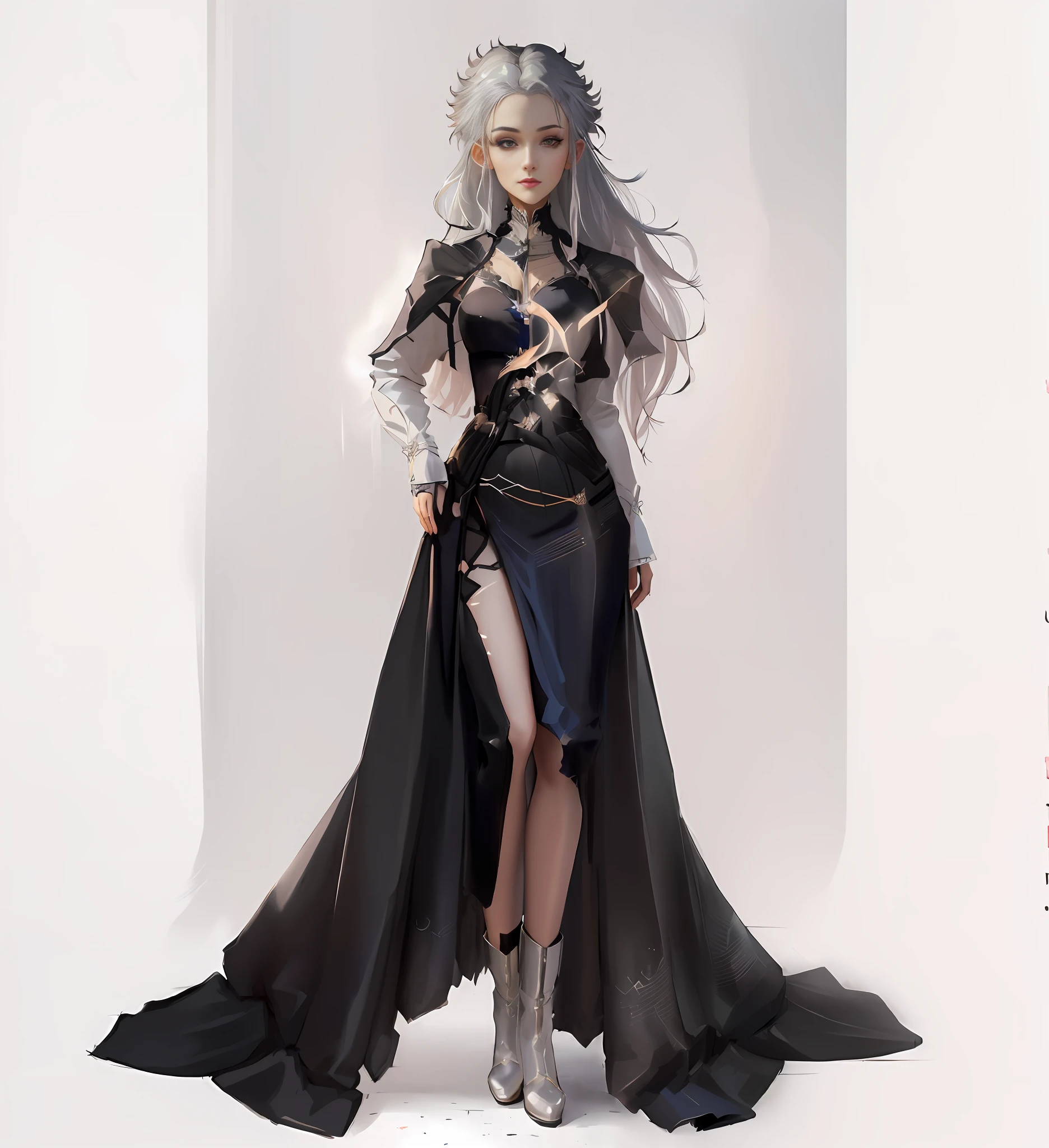 A drawing of a woman in a black dress with a long skirt, full body illustration, anime girl wearing a black dress, costume art style, Charlie Bowater style, costume outfit, Charlie Bowater style, Charlie Bowater art style, full body anime illustration, costume character design, Lois van Rossdraws, detailed fashion illustration, beautiful full body concept art, magician, sorceress, white haired woman, silver hair, classic hair