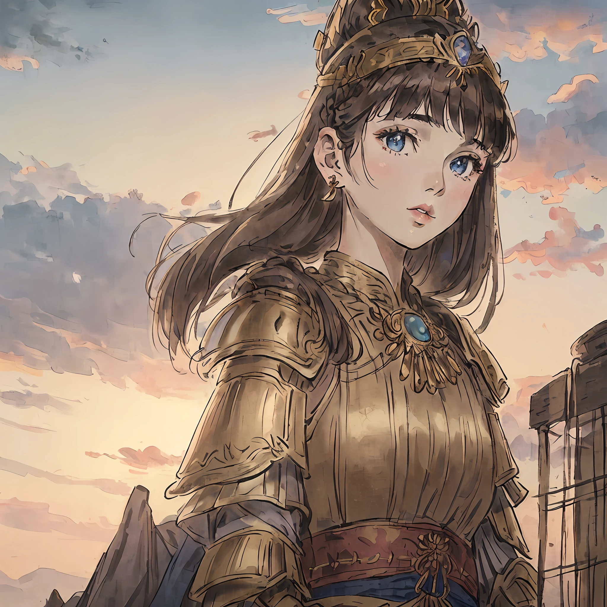 Masterpiece, (Realisticity: 1.4), Best Quality, Beautiful Lighting, Outdoor, 1girl, Solo, Jewelry, Earrings, Long Hair, Blue Eyes, Brunette Hair, Armor, Shoulder Armor, Upper Body, Outdoor, Breasts, Shoulder Armor, Lips, Sky, Sunset, Braid, Hair Accessories, Realistic, Bangs, Clouds, Necklace, Pillar, Headband, Mid-Chest, Daytime, Headgear, (Extremely detailed CG unity 8k wallpaper), Intricate, High Detail, Sharp, Dramatic, Beautiful Girl, Golden Detail, RAW Photos, 8K UHD, film grain,
