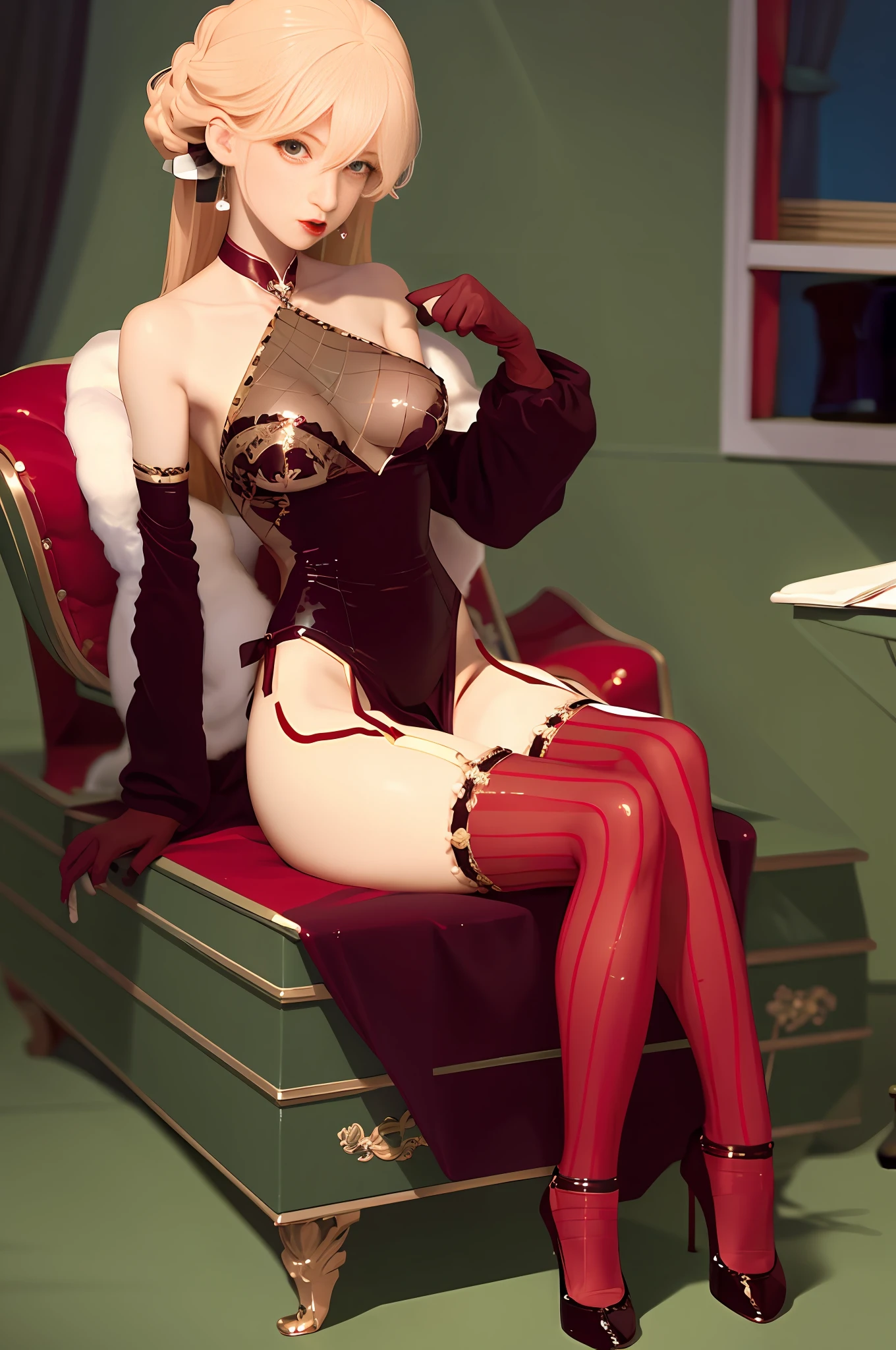 "[Seated, 1 sexy girl, feminine, thin waist, fleshy red lips, key points: hips, details: long gloves, various styles (stockings | fishnet socks): 1.2, glitter effects: 1.1]" symmetry