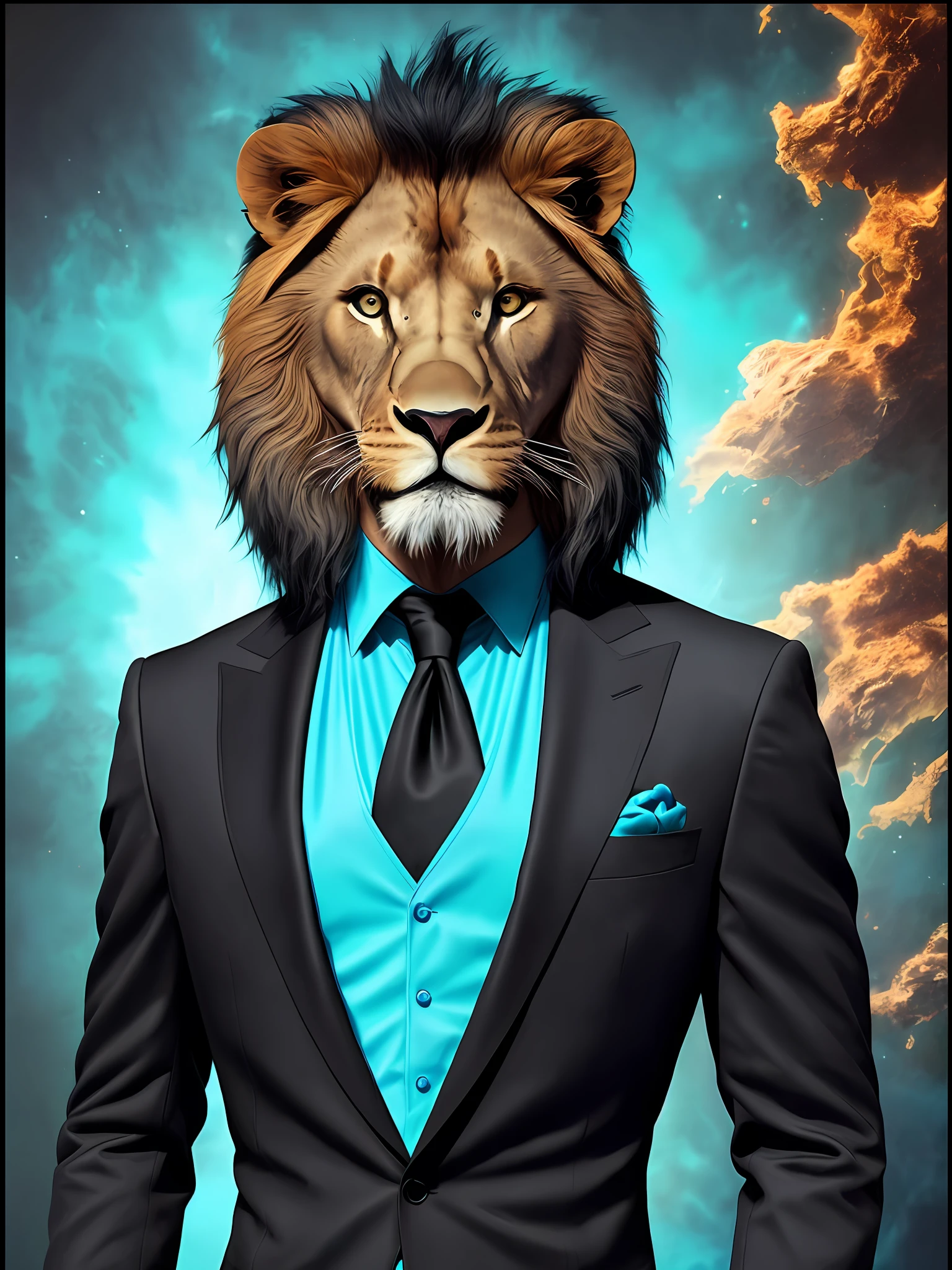 Far portrait of a lion wearing an elegant black suit, with a turquoise blue nebula background, ultra detailed, ultra resolution, best quality, best aspect ratio, best anatomy, hyper-realism, high quality, HDR, vivid colors, 85mm lens, dark style, realistic face, light lighting