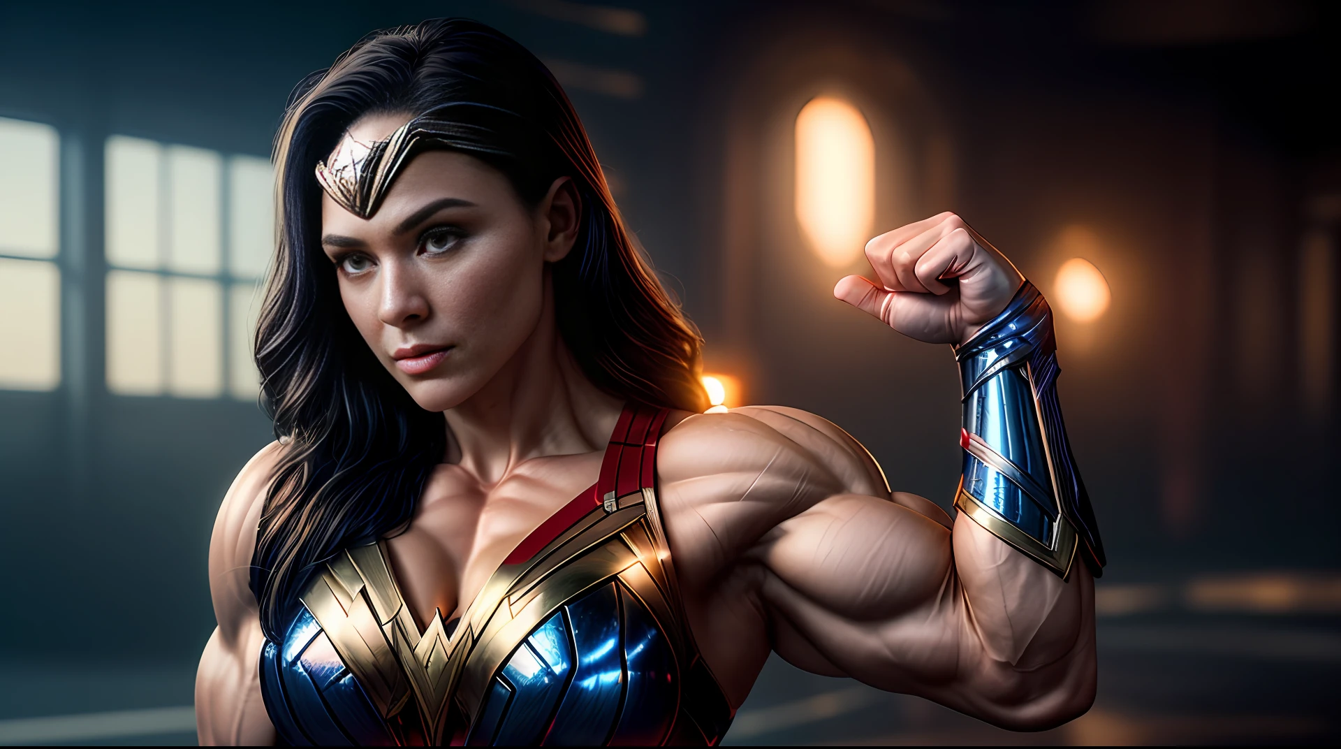Cinematic soft lighting illuminates a stunningly detailed and ultra-realistic Wonder Woman bodybuilder, muscular, super strong, red and blue armor, that is trending on ArtStation. Octane is the perfect tool to capture the softest details of this 16k photography masterpiece