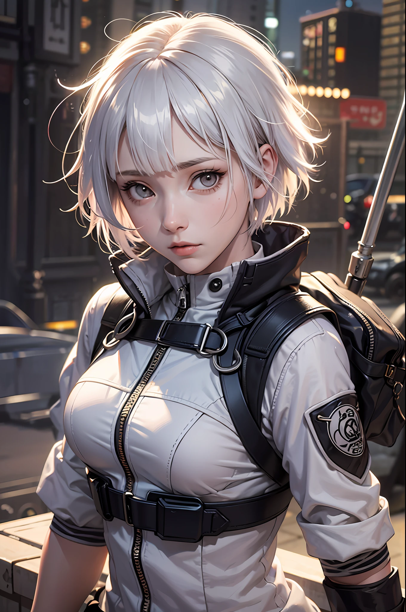 (masterpiece), (best quality), realistic, cinematic light, Hinata from Naruto, cool pose, battlefield background, perfect body, white eyes, white bobcut hair