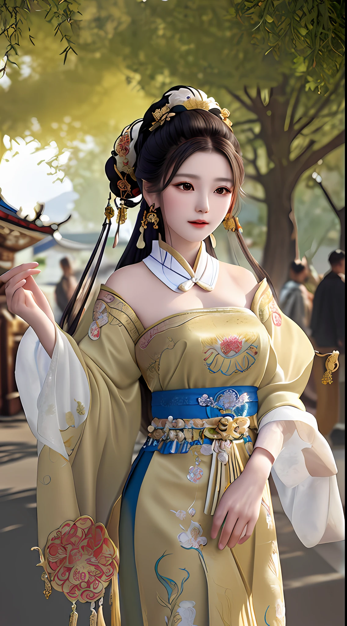 [Atigailan style], a stunning woman dressed in traditional Han costume stands in the heyday of the Tang Dynasty. Her garments are decorated with intricate embroidery, decorated with pearls and gold accessories, and draped in elegant fabrics. Her hair is designed in a delicate updo, and delicate flower needles hold it in place. Her surroundings are bustling, with vendors peddling their wares and academics talking in the streets. The atmosphere was magnificent and exuberant, but as she calmly gazed into the distance, there was a sense of serenity surrounding her, lost in thought. Tips should be implemented as digital illustrations, using tablets and software that allows detailed drawing.