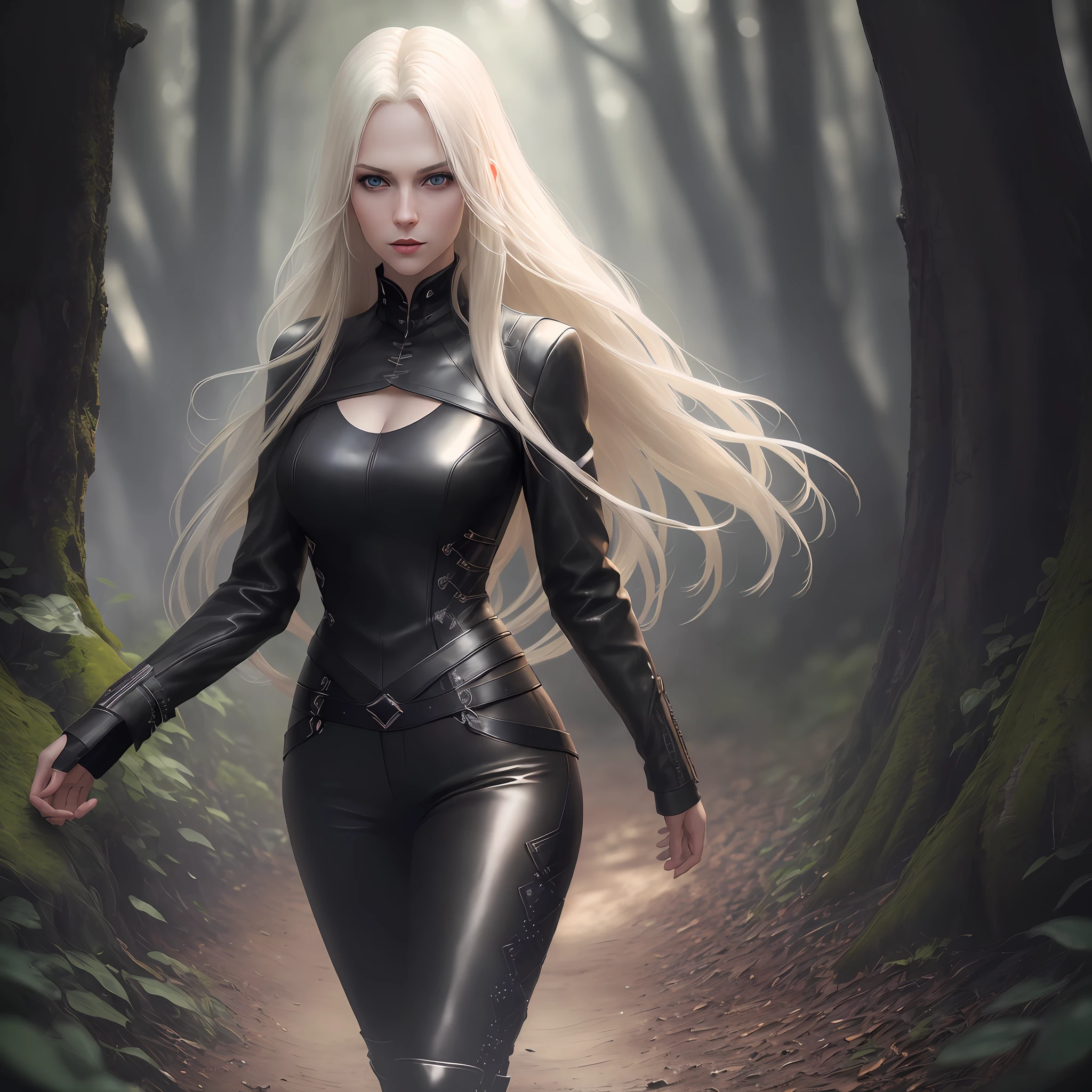 A blonde, slender, full-bodied, goth woman, long white hair, blue eyes, sexy look, tall, thin, pointed chin, is wearing black clothes. Black pants, black leather boot, black leather jacket, blouse with neckline, is in a detailed forest. Ultra realistic image, 8K HD, masterpiece, best quality, high detail of all textures, realistic concept art, smooth, sharp focus, realism (highly detailed background: 1.0) photorealistic, high contrast, hyper-detailed, realistic skin texture, detailed clothing texture, cinematic lighting, prominent projected shadows, (realistic, photo-realistic: 1.2), ultra detailed, dynamic, depth of field