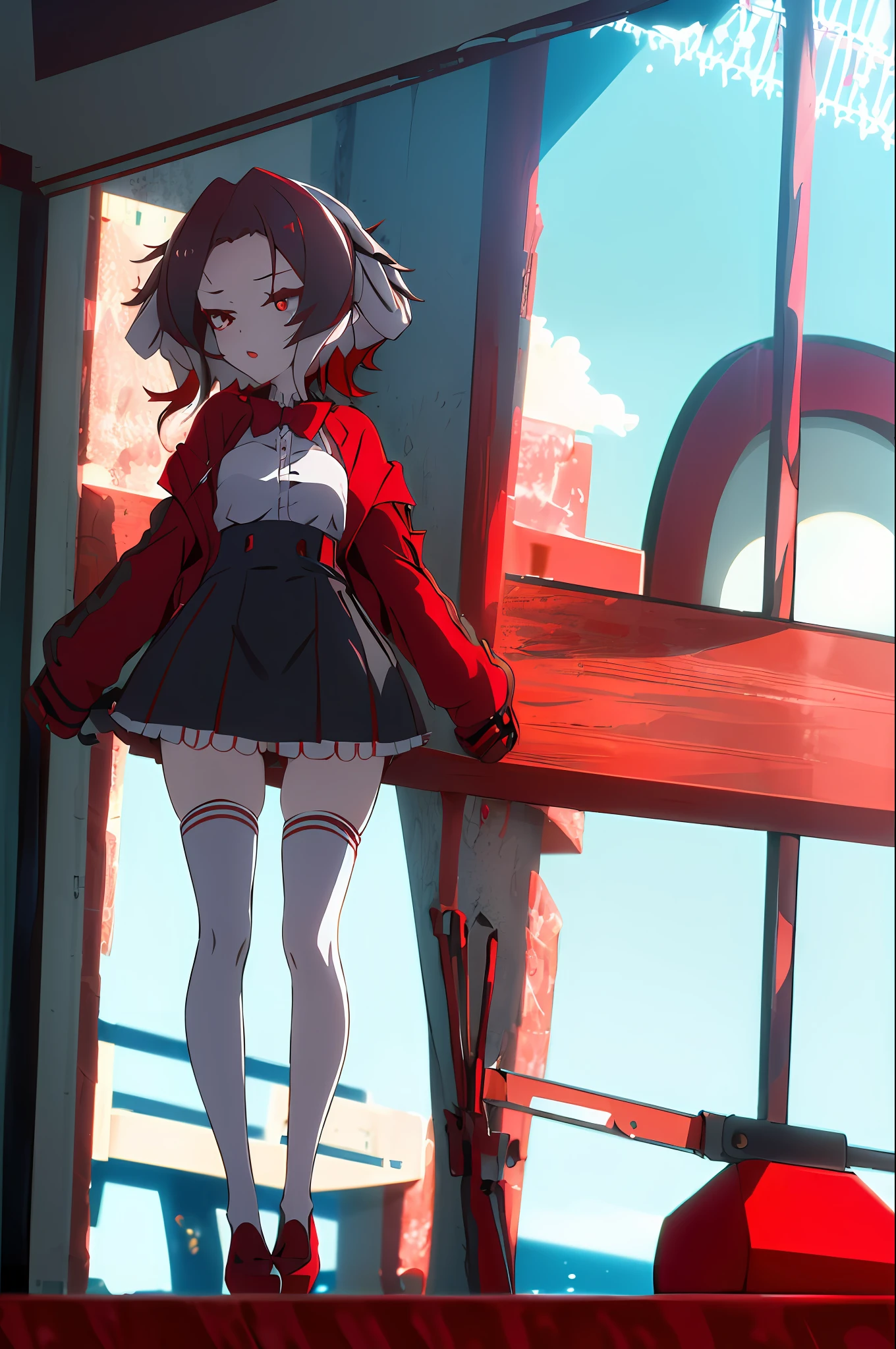 "(Cute stockings red), (sea view), (Dynamic legs) (black ultra-short red framed skirt), (Low Perspective, Bokeh Depth, Bright, Vertical Eyeliner, Style Filter)"