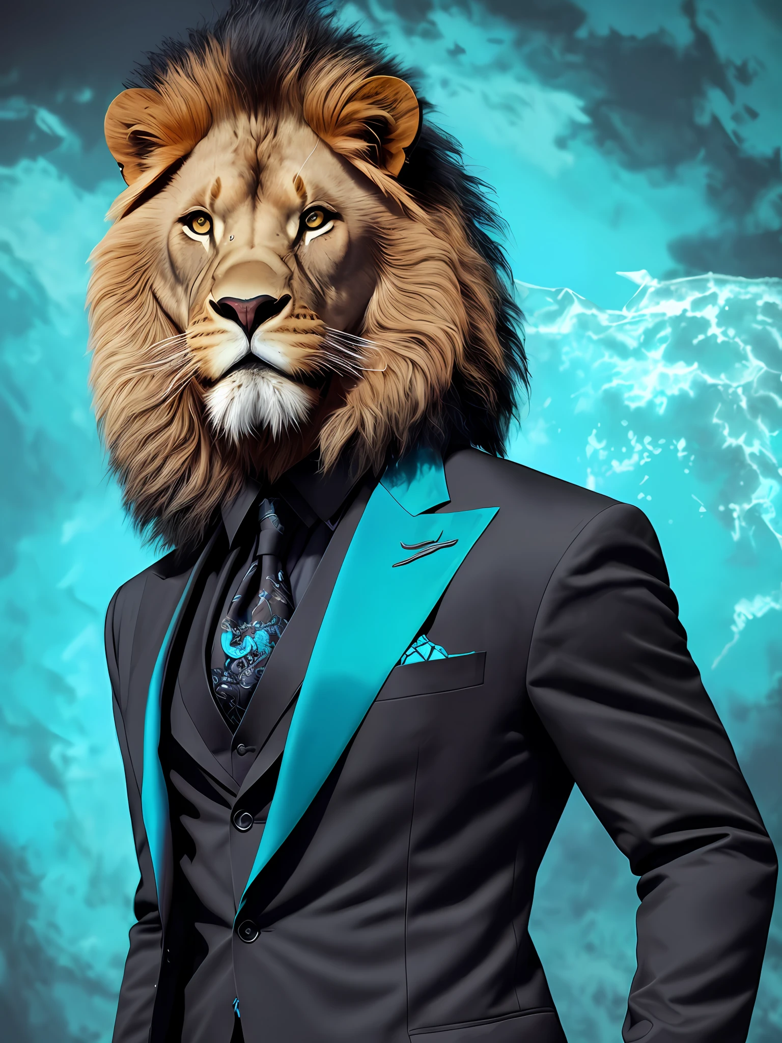Far portrait of a lion wearing an elegant black suit, with a turquoise blue nebula background, ultra detailed, ultra resolution, best quality, best aspect ratio, best anatomy, hyper-realism, high quality, HDR, vivid colors, 85mm lens, dark style, realistic face, light lighting