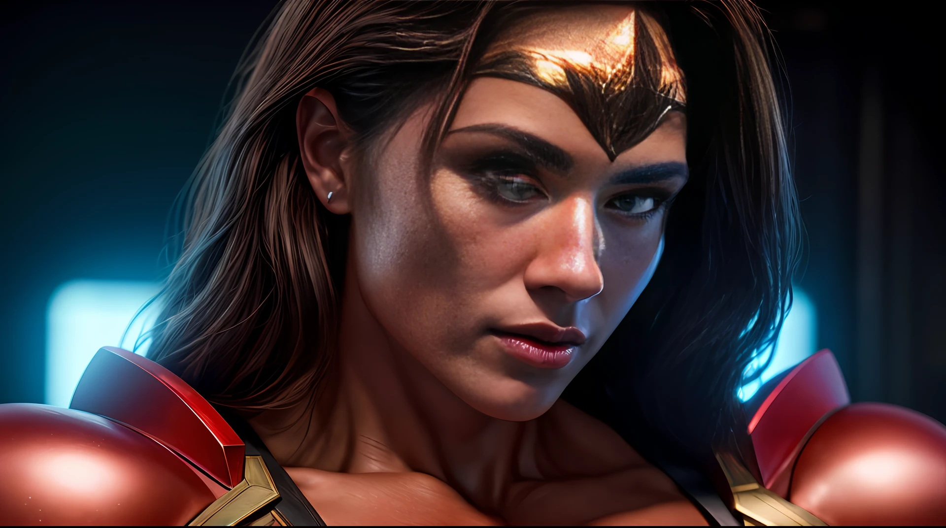 Cinematic soft lighting illuminates a stunningly detailed and ultra-realistic Wonder Woman bodybuilder, muscular, super strong, red and blue armor, that is trending on ArtStation. Octane is the perfect tool to capture the softest details of this 16k photography masterpiece