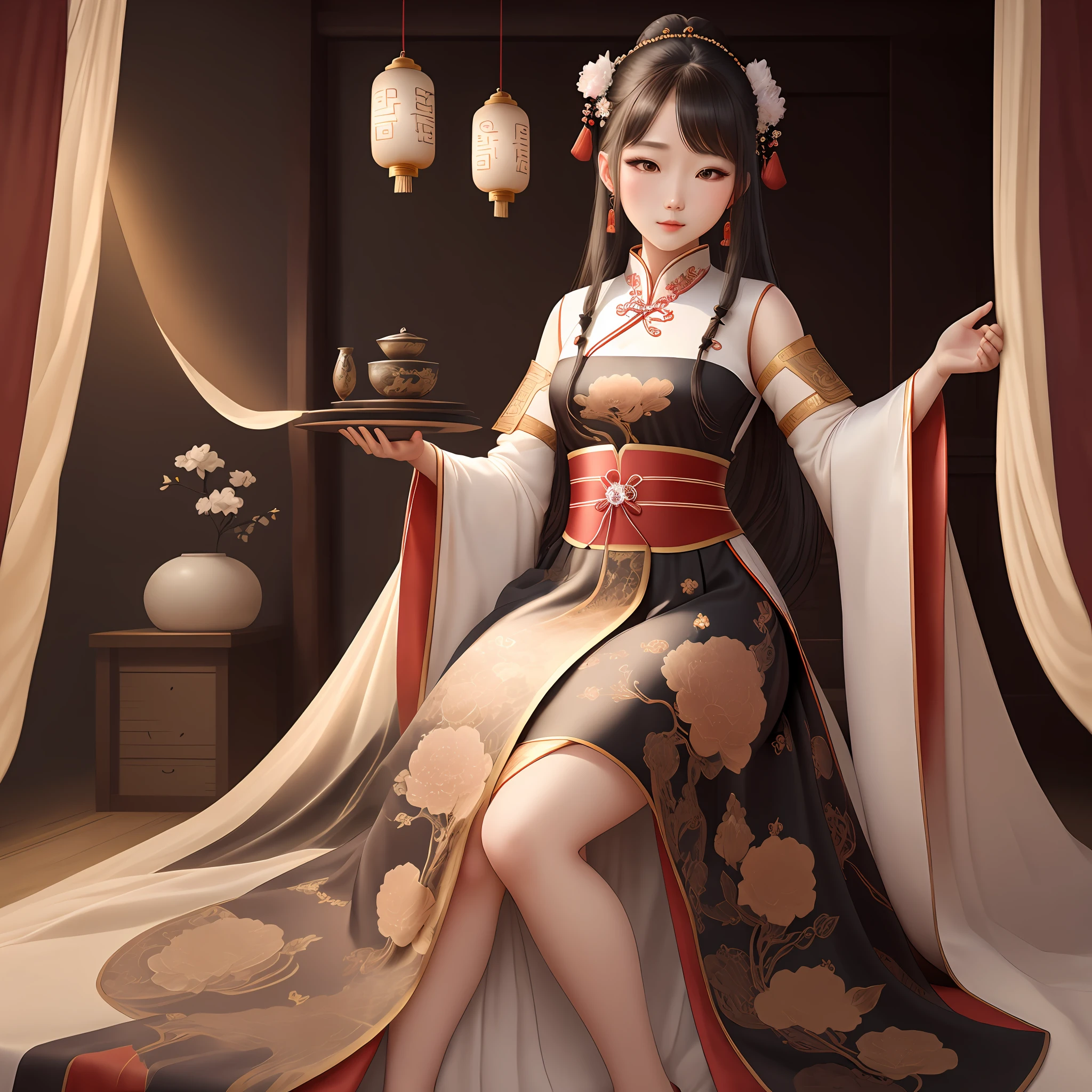 Ancient Beauty: Best Quality, Ultra High Resolution, Perfect ???????, Extremely Complex, 8K UHD, 1Girl, Solo, RM Dress, RD Hair Accessories, Hanfu, Perspective, Silk, Jewelry, Interior, Bedroom, Traditional Chinese Ink Painting
