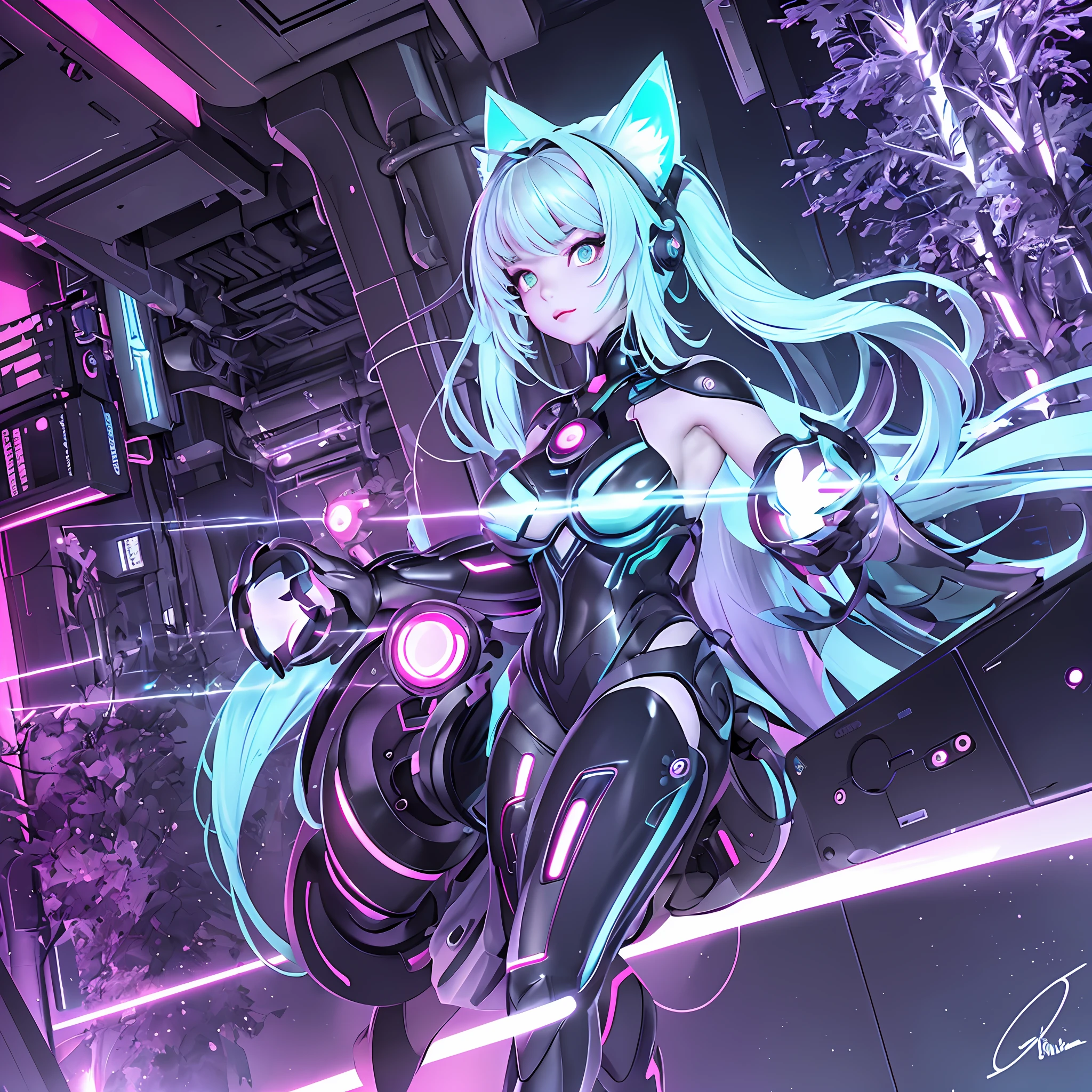(In the sprawling cybernetic metropolis known as NeoPulse, a mesmerizing cat girl named Nova prowls the neon-lit streets with a blend of feline grace and technological prowess. Let's explore the intricately detailed world of Nova:
Ears and Tail: Nova possesses sleek, cybernetically enhanced cat ears and tail. Crafted with sleek black and silver accents, these cybernetic augmentations seamlessly integrate with her natural feline features. The tips of her ears and tail emit a soft neon glow, synchronizing with the vibrant lights that illuminate the cyber city.
Eyes: Nova's eyes are an entrancing amalgamation of piercing emerald green and iridescent lines that mimic circuitry patterns. Glowing with an inner luminescence, they possess an uncanny depth and seem to reflect the digital landscape of NeoPulse. They hold an intense gaze that hints at her unwavering determination and sharp instincts.
Hair: Nova's hair flows in voluminous waves, shimmering with a myriad of neon colors. From vibrant blues and purples to electric pinks and greens, her hair channels the pulsating energy of the cyber city. Embedded within her locks are fine strands of fiber-optic threads that glow and cascade with a subtle luminescence, creating an enchanting spectacle wherever she roams.
Cybernetic Enhancements: Nova's cybernetic enhancements go beyond her ears and tail. Her forearms and calves are adorned with sleek, silver cybernetic implants, meticulously integrated with her limbs. These enhancements grant her enhanced agility, speed, and strength, allowing her to navigate the vertical sprawl of NeoPulse with ease.
Cyberfashion: Nova's attire is a fusion of futuristic fashion and feline elegance. She wears a form-fitting bodysuit crafted from a specialized nano-fabric that adapts to her movements. The suit shimmers with a holographic display of swirling patterns and neon lights, mimicking the vibrant energy that courses through the cyber city. Complementing her ensemble are sleek, high-tec