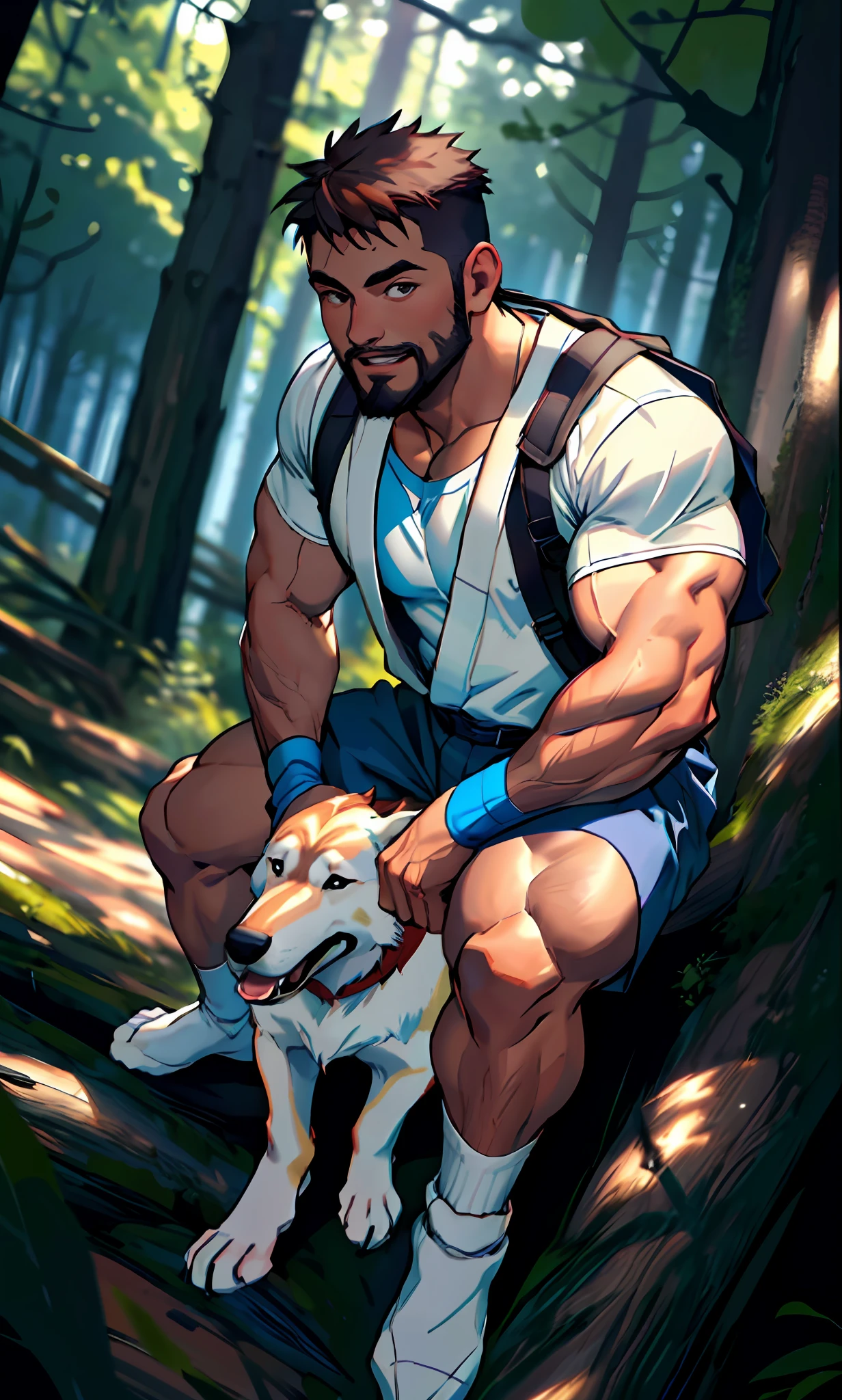 best quality, masterpiece, super high resolution, detailed background, woods, realism, Illustrations, single, 1 boy, muscle, volumetric lighting, depth of field, facial hair, riding a dog, Ryu, white socks